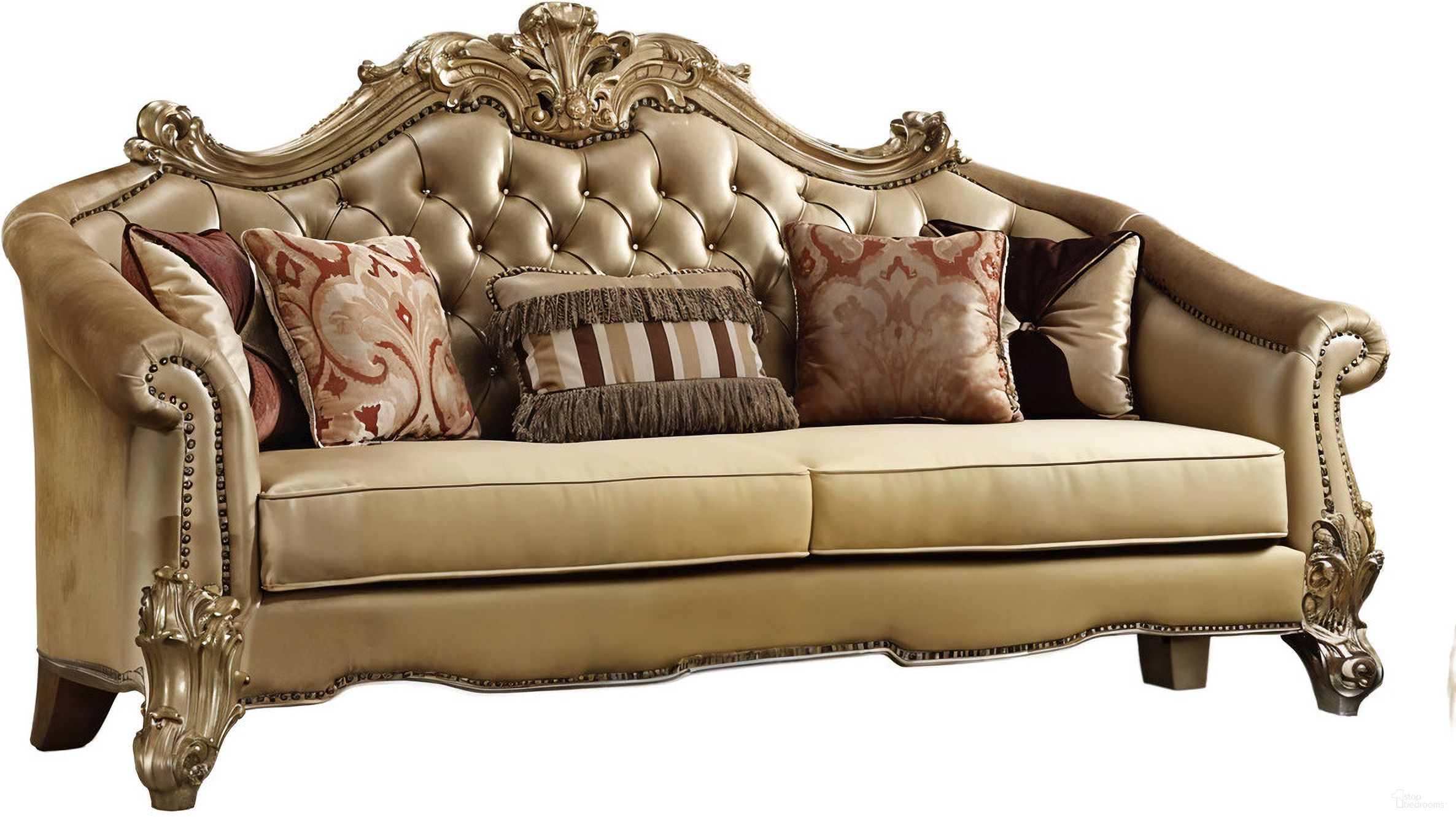 The appearance of 89 Inch Faux Leather Sofa and Toss Pillows with Gold Legs In Bone designed by Homeroots in the modern / contemporary interior design. This bone piece of furniture was selected by 1StopBedrooms from to add a touch of cosiness and style into your home. Sku: 490995. Material: Faux Leather.