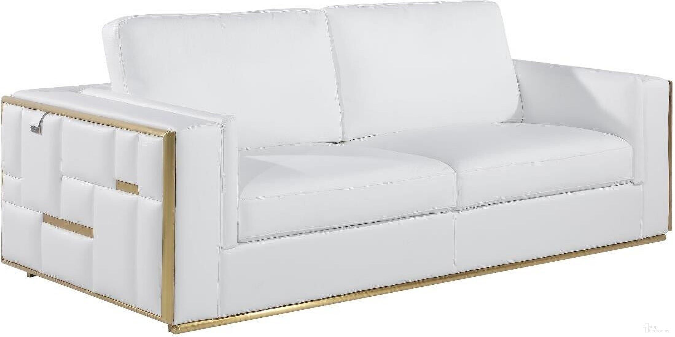 89 Inch Italian Leather Sofa with Brass Legs In White