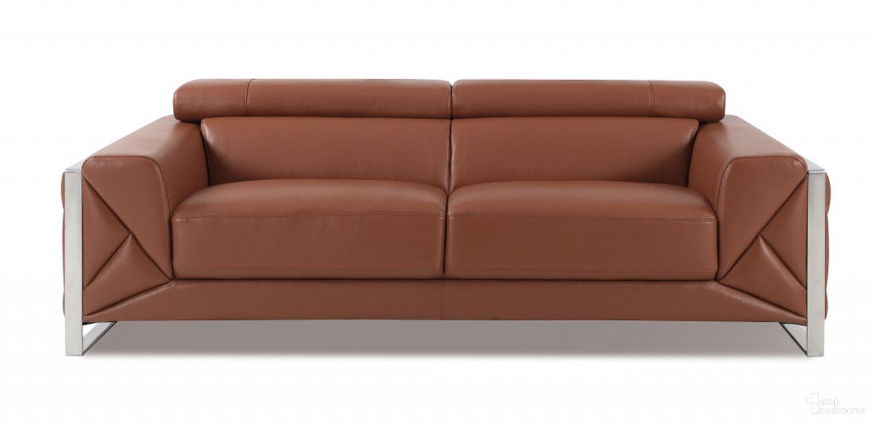 89 Inch Italian Leather Sofa with Silver Legs In Camel