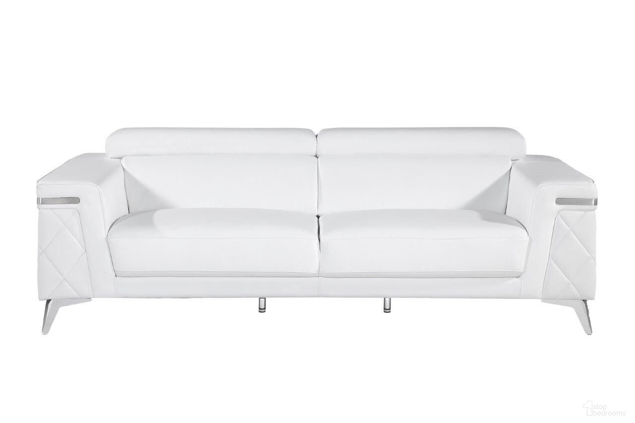 The appearance of 89 Inch Italian Leather Sofa with Silver Legs In White designed by Homeroots in the modern / contemporary interior design. This white piece of furniture  was selected by 1StopBedrooms from  to add a touch of cosiness and style into your home. Sku: 534158. Material: Genuine Leather.