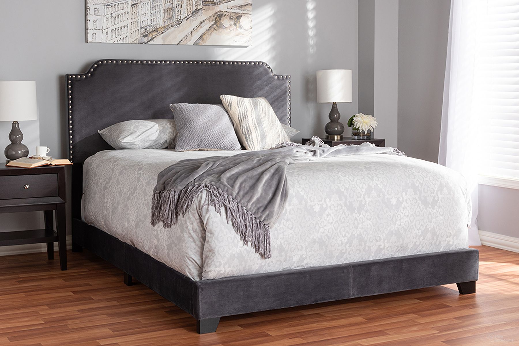 The appearance of Baxton Studio Darcy Luxe And Glamour Dark Grey Velvet Upholstered King Size Bed designed by Baxton Studio in the glam interior design. This dark grey piece of furniture was selected by 1StopBedrooms from Darcy Collection to add a touch of cosiness and style into your home. Sku: Darcy-Grey-King. Bed Type: Panel Bed. Material: Fabric. Bed Size: King.
