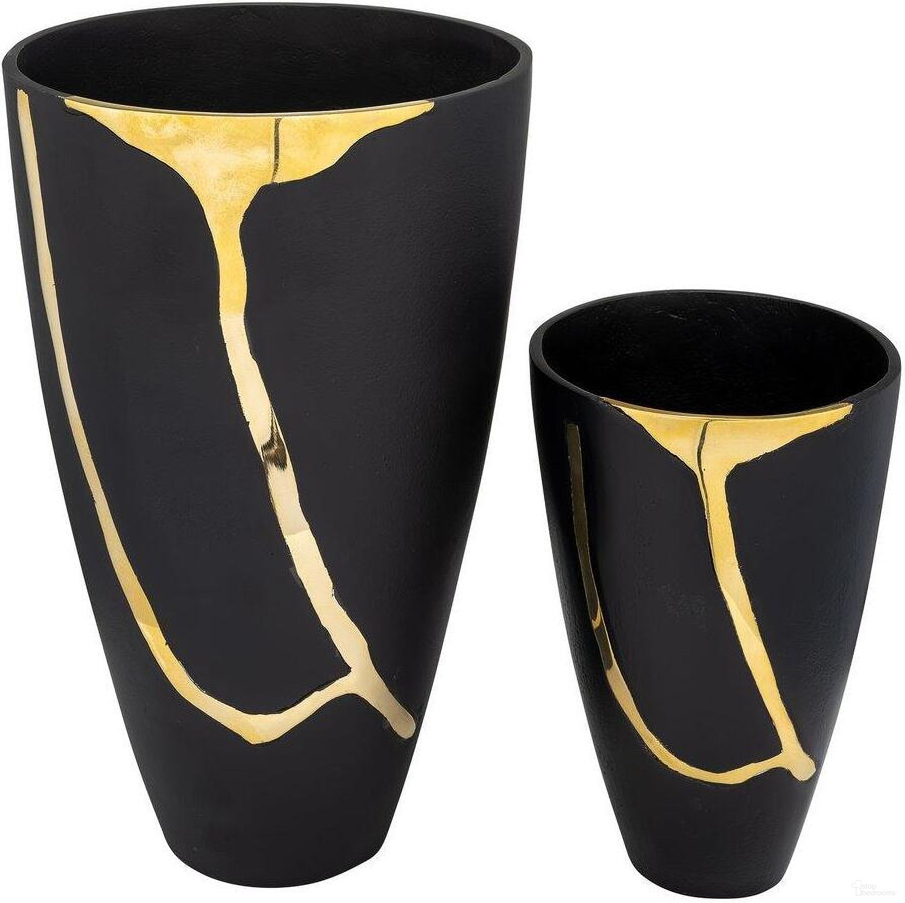 9 And 14 Inch Metal Cracked Design Vases Set of 2 In Brass