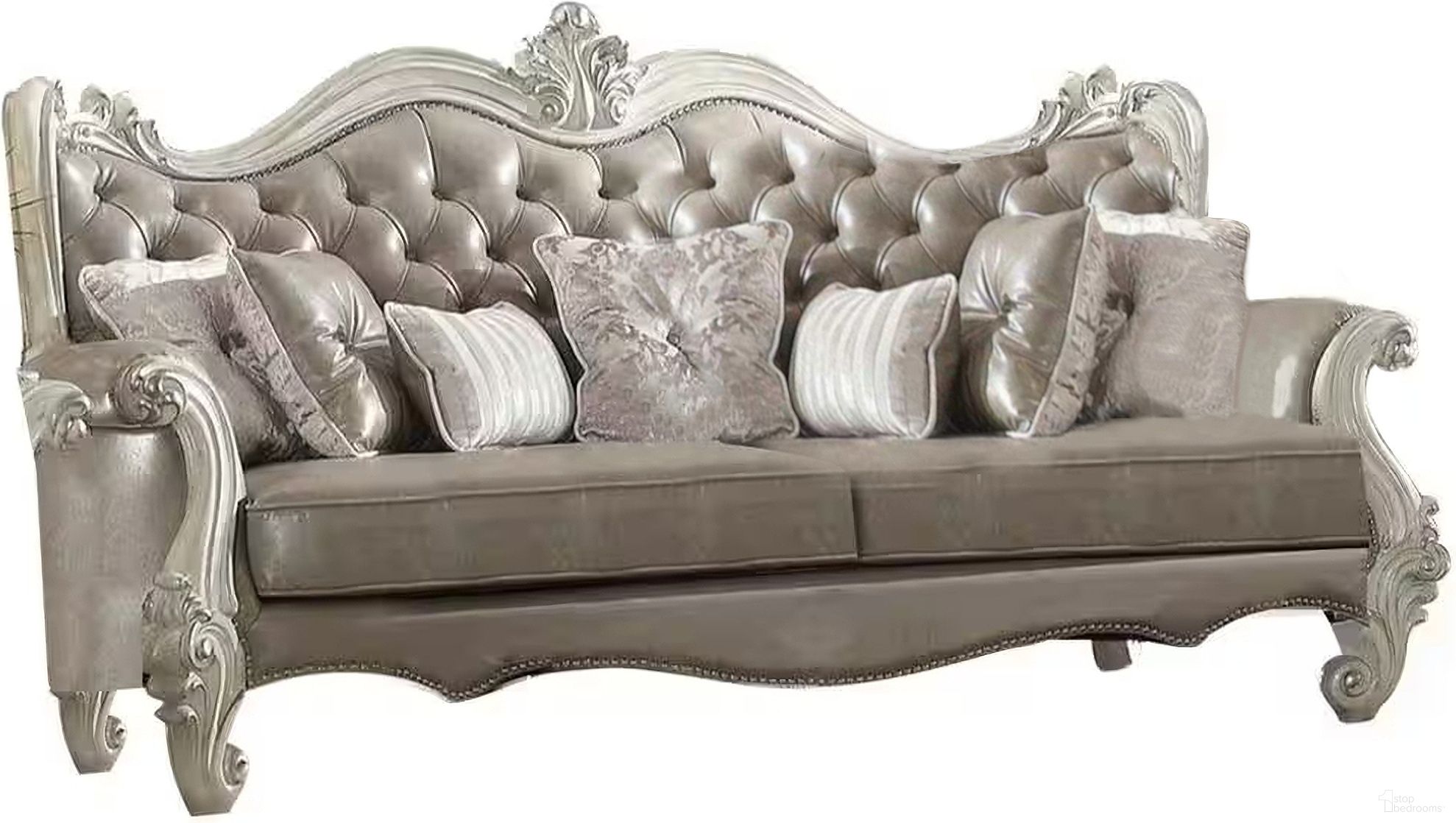 The appearance of 90 Inch Faux Leather Curved Sofa and Toss Pillows with Bone Legs In Gray designed by Homeroots in the modern / contemporary interior design. This gray piece of furniture was selected by 1StopBedrooms from to add a touch of cosiness and style into your home. Sku: 490989. Material: Faux Leather.