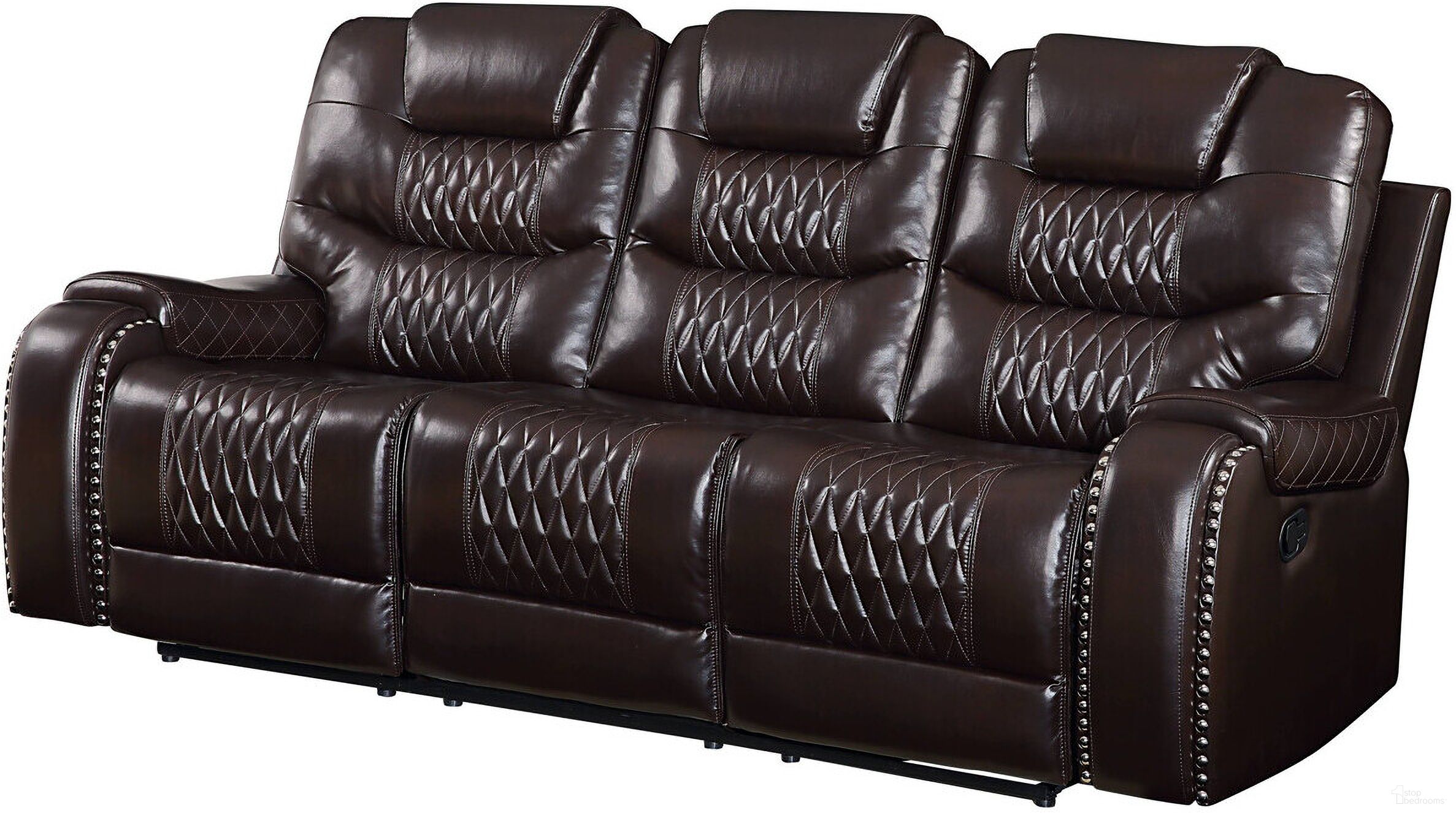 The appearance of 90 Inch Faux Leather Reclining Sofa with Black Legs In Brown designed by Homeroots in the transitional interior design. This brown piece of furniture was selected by 1StopBedrooms from to add a touch of cosiness and style into your home. Sku: 491320. Material: Faux Leather.