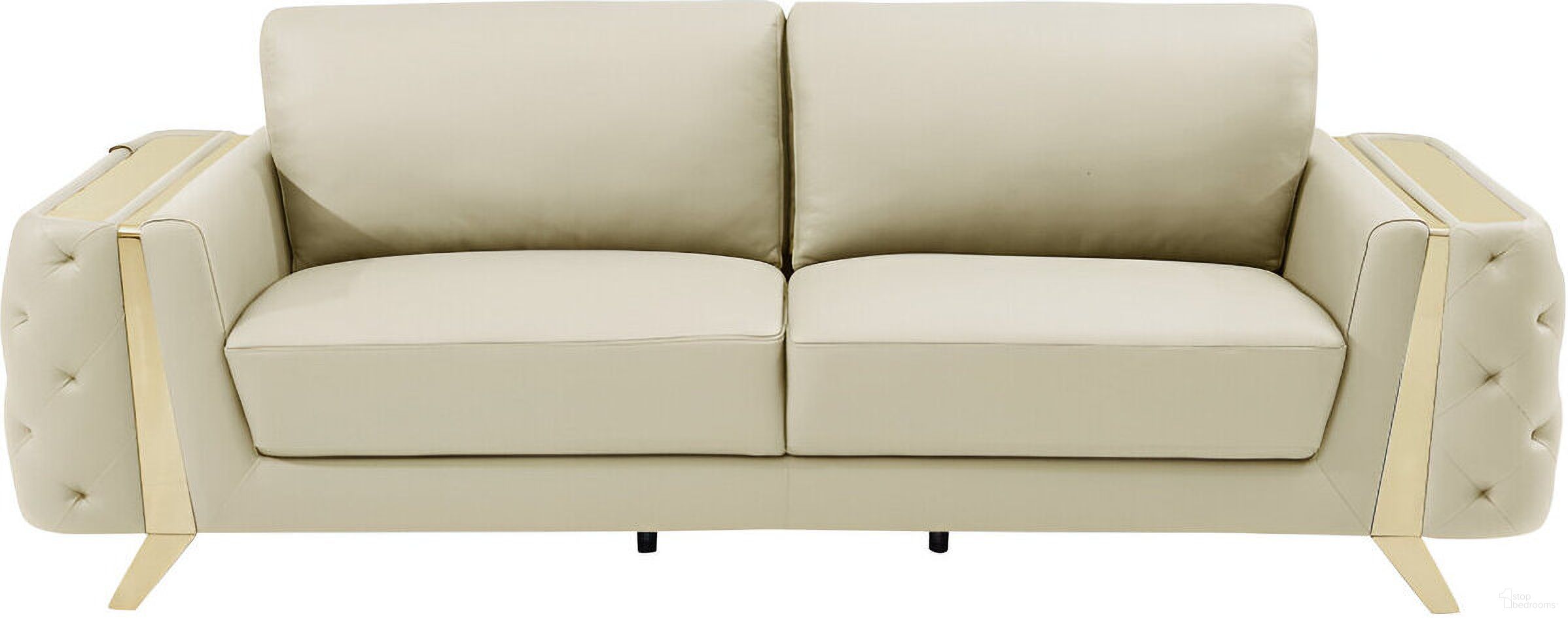 The appearance of 90 Inch Italian Leather Sofa with Gold Legs In Beige designed by Homeroots in the modern / contemporary interior design. This beige piece of furniture  was selected by 1StopBedrooms from  to add a touch of cosiness and style into your home. Sku: 491051. Material: Genuine Leather.