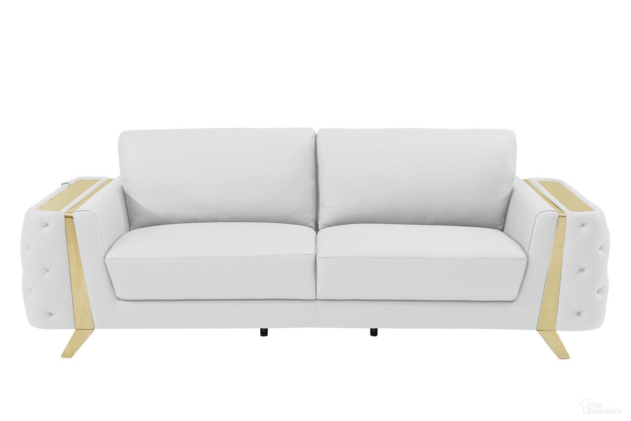 The appearance of 90 Inch Italian Leather Sofa with Gold Legs In White designed by Homeroots in the modern / contemporary interior design. This white piece of furniture was selected by 1StopBedrooms from to add a touch of cosiness and style into your home. Sku: 491053. Material: Genuine Leather.