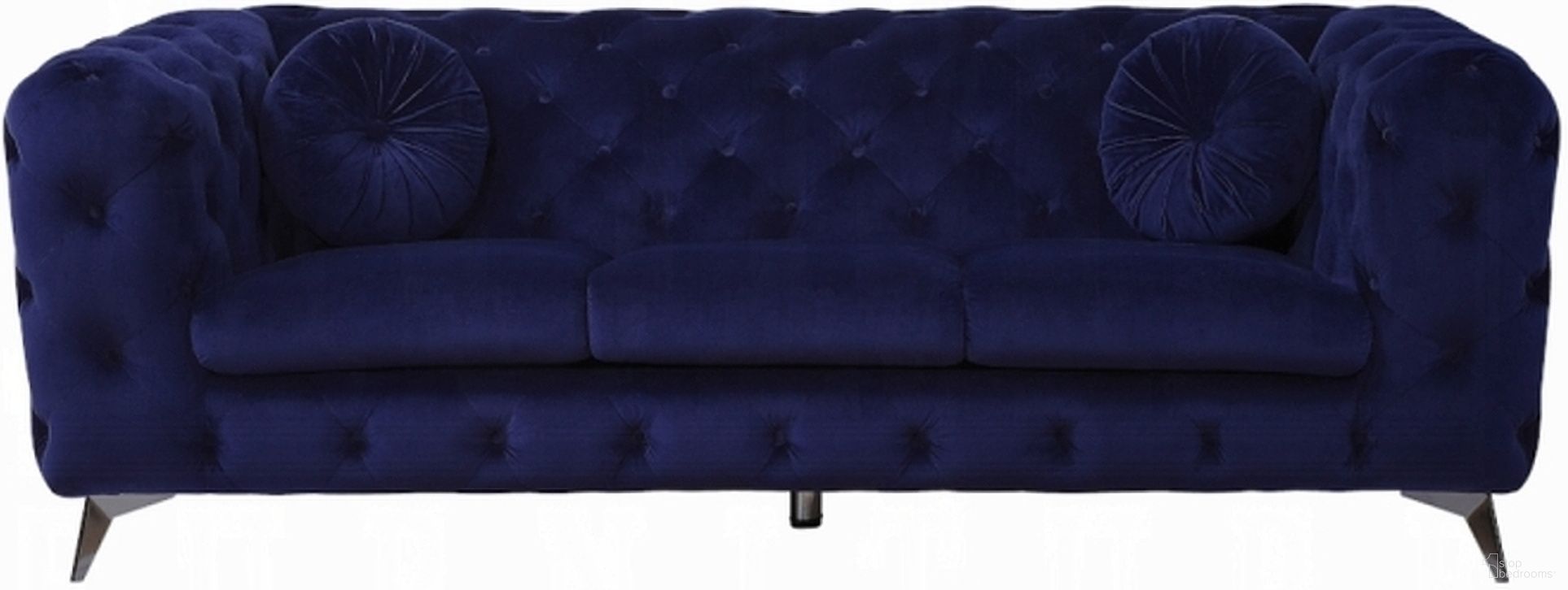 The appearance of 90 Inch Velvet Chesterfield Sofa with Silver Legs In Blue designed by Homeroots in the traditional interior design. This blue piece of furniture  was selected by 1StopBedrooms from  to add a touch of cosiness and style into your home. Sku: 491005. Material: Velvet.