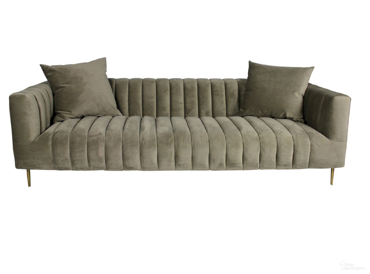 The appearance of 90 Inch Velvet Sofa and Toss Pillows with Gold Legs In Gray Brown designed by Homeroots in the modern / contemporary interior design. This gray brown piece of furniture  was selected by 1StopBedrooms from  to add a touch of cosiness and style into your home. Sku: 489536. Material: Velvet.