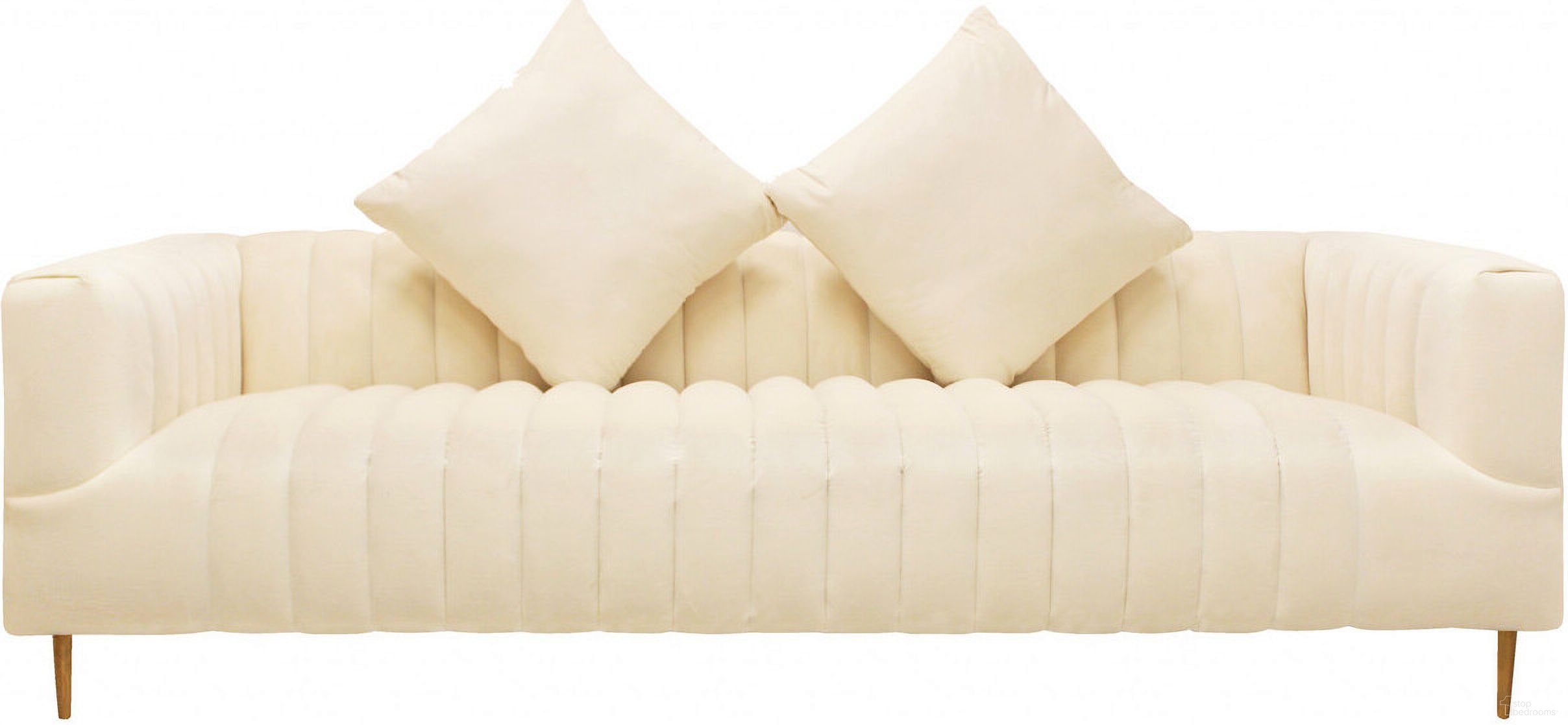 The appearance of 90 Inch Velvet Sofa and Toss Pillows with Gold Legs In Ivory designed by Homeroots in the modern / contemporary interior design. This ivory piece of furniture was selected by 1StopBedrooms from to add a touch of cosiness and style into your home. Sku: 489538. Material: Velvet.