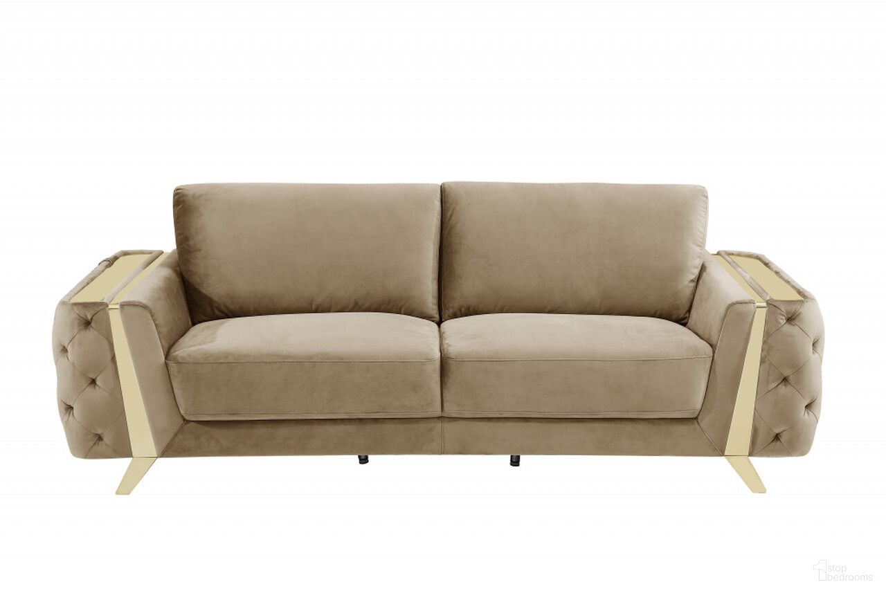 The appearance of 90 Inch Velvet Sofa with Gold Legs In Beige designed by Homeroots in the modern / contemporary interior design. This beige piece of furniture  was selected by 1StopBedrooms from  to add a touch of cosiness and style into your home. Sku: 491054. Material: Velvet.