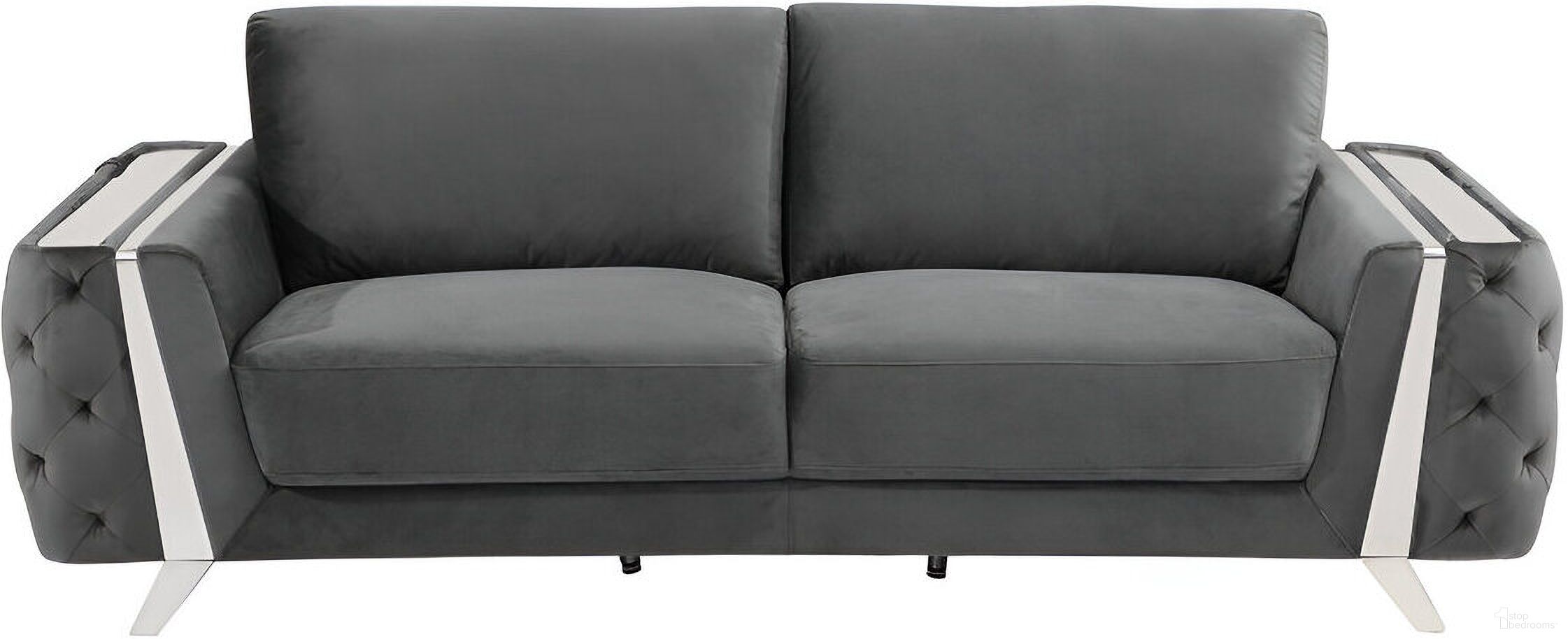 The appearance of 90 Inch Velvet Sofa with Silver Legs In Gray designed by Homeroots in the modern / contemporary interior design. This gray piece of furniture  was selected by 1StopBedrooms from  to add a touch of cosiness and style into your home. Sku: 491055. Material: Velvet.
