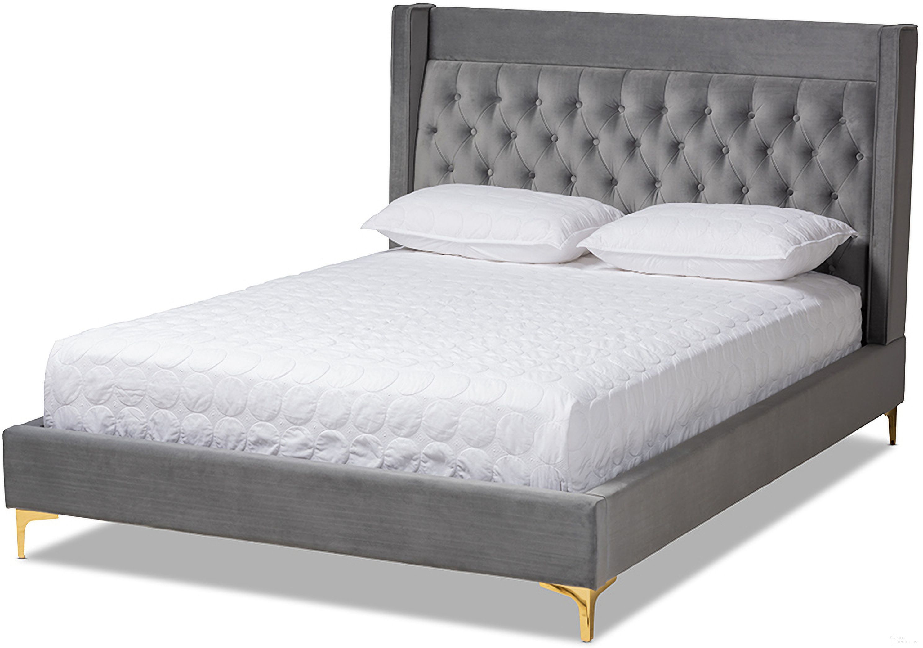 The appearance of Baxton Studio Valery Modern And Contemporary Dark Gray Velvet Fabric Upholstered Queen Size Platform Bed With Gold-Finished Legs designed by Baxton Studio in the modern / contemporary interior design. This gray piece of furniture was selected by 1StopBedrooms from Valery Collection to add a touch of cosiness and style into your home. Sku: BBT6740-Dark Grey-Queen. Bed Type: Platform Bed. Material: Polyester. Bed Size: Queen.