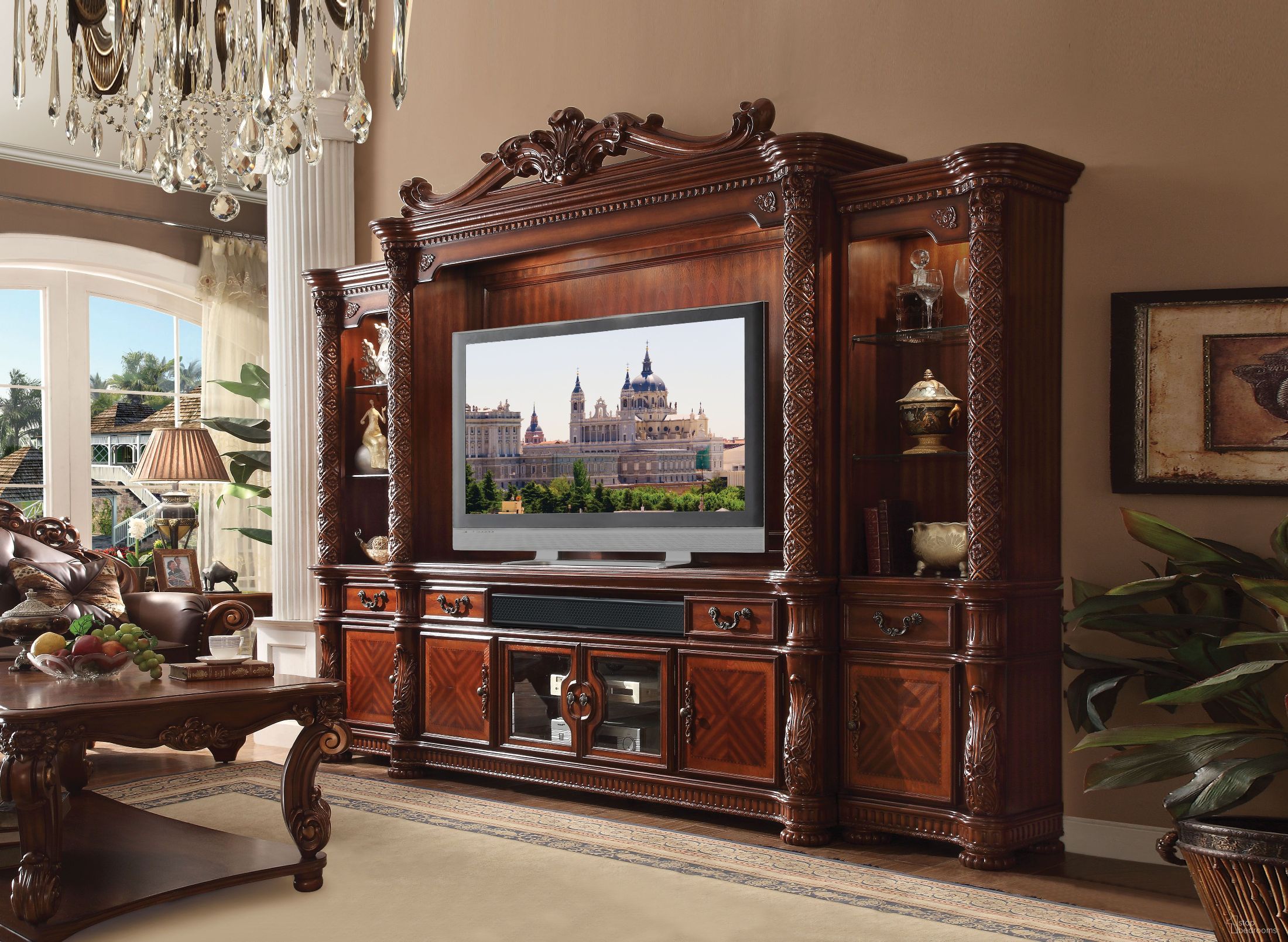 The appearance of Vendome II Cherry Entertainment Center designed by ACME in the rustic / southwestern interior design. This brown piece of furniture  was selected by 1StopBedrooms from Vendome Ii Collection to add a touch of cosiness and style into your home. Sku: 91315LP;91316RP;91317TOP;91318. Material: Wood.