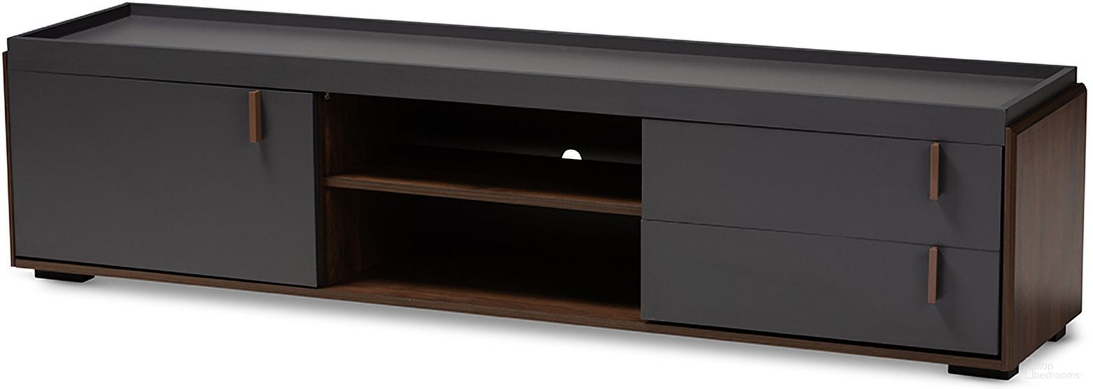The appearance of Baxton Studio Rikke Modern And Contemporary Two-Tone Gray And Walnut Finished Wood 2-Drawer Tv Stand designed by Baxton Studio in the modern / contemporary interior design. This gray piece of furniture was selected by 1StopBedrooms from Rikke Collection to add a touch of cosiness and style into your home. Sku: BR3TV313-Columbia/Dark Grey-TV. Material: Wood.