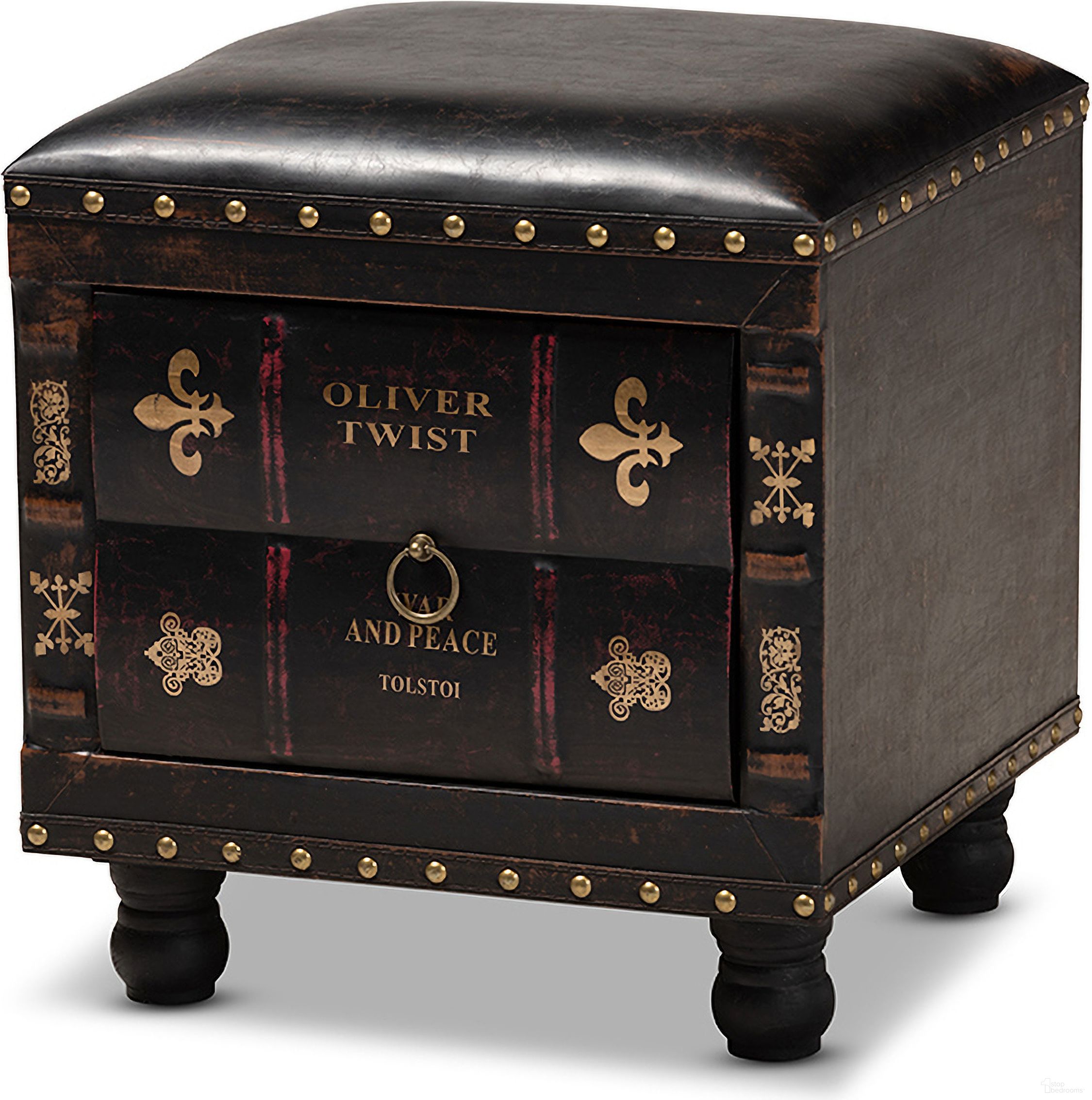 The appearance of Baxton Studio Charlier Rustic Antique Inspired Dark Brown Faux Leather Upholstered Wood Storage Ottoman With Book Spine Drawer designed by Baxton Studio in the rustic / southwestern interior design. This dark brown piece of furniture was selected by 1StopBedrooms from Charlier Collection to add a touch of cosiness and style into your home. Sku: HY2A487-Black-Otto. Material: Faux Leather.
