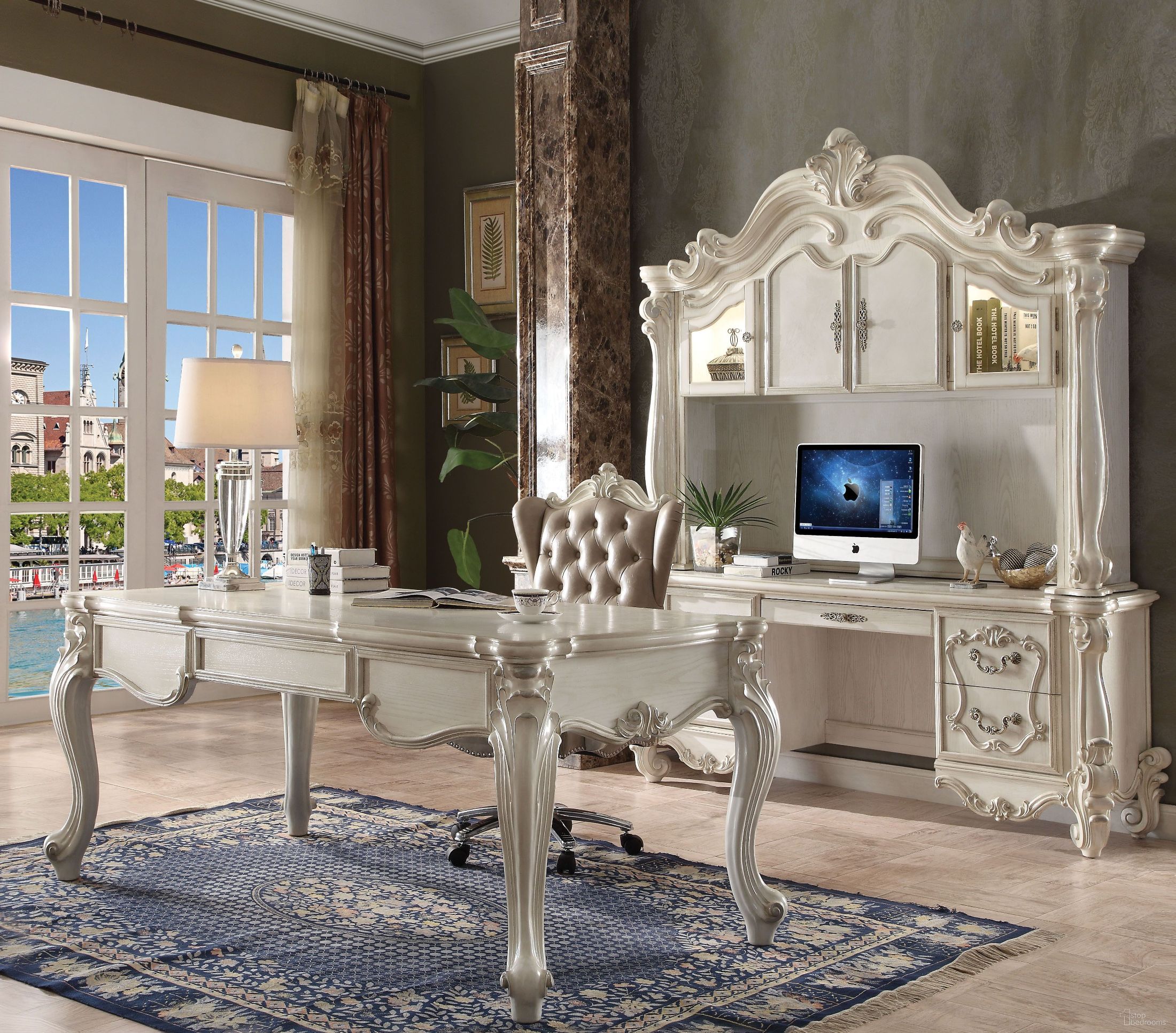 The appearance of Versailles Bone White Executive Home Office Set designed by ACME in the rustic / southwestern interior design. This bone white piece of furniture was selected by 1StopBedrooms from Versailles Collection to add a touch of cosiness and style into your home. Sku: 92275;92277. Material: Wood.