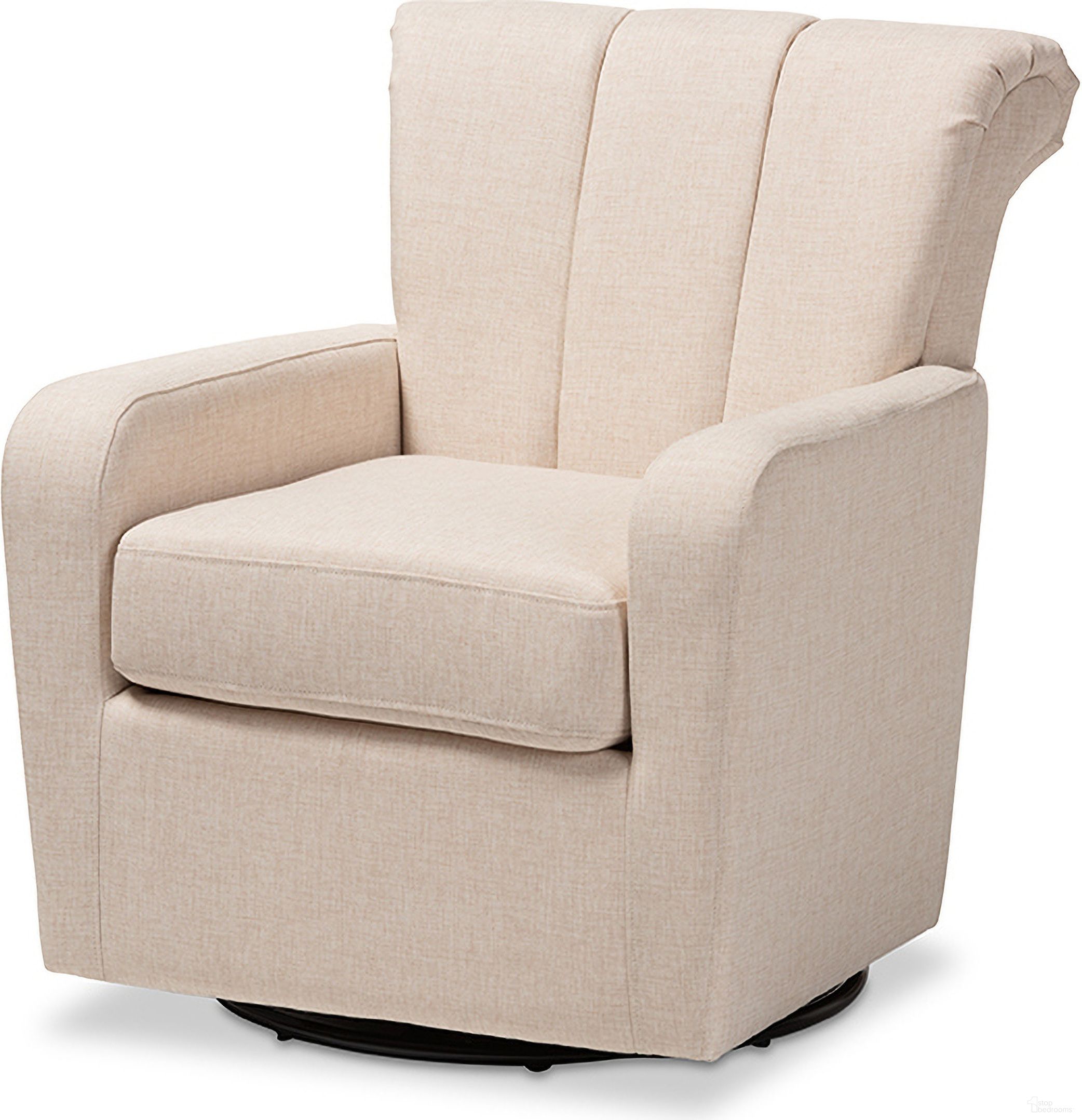 The appearance of Baxton Studio Rayner Modern And Contemporary Beige Fabric Upholstered Swivel Chair designed by Baxton Studio in the modern / contemporary interior design. This beige piece of furniture  was selected by 1StopBedrooms from Rayner Collection to add a touch of cosiness and style into your home. Sku: TSF7715-Beige-CC. Material: Polyester.