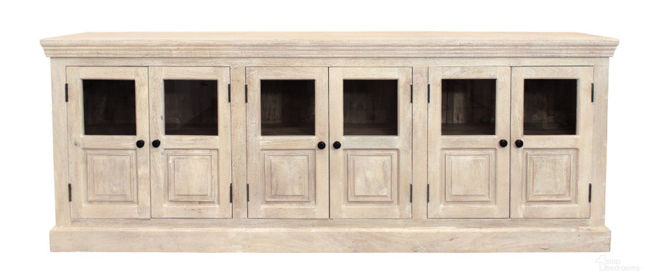 The appearance of 93 Inch Distressed Solid Wood Sideboard with Six Glass Doors In Antiqued White designed by Homeroots in the traditional interior design. This antiqued white piece of furniture was selected by 1StopBedrooms from to add a touch of cosiness and style into your home. Sku: 557697. Material: Solid Wood.