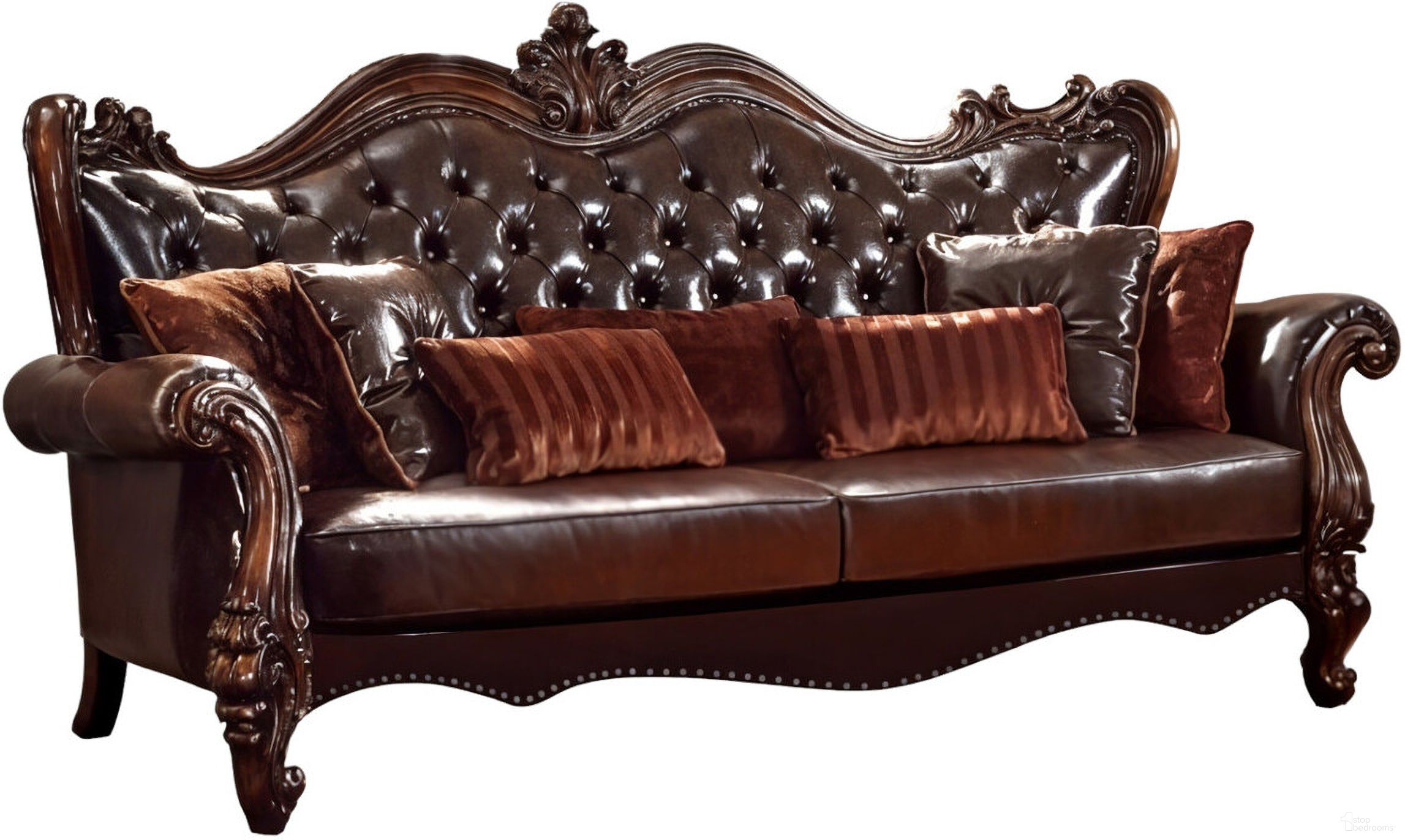 The appearance of 93 Inch Faux Leather Sofa and Toss Pillows with Burgundy Legs In Brown designed by Homeroots in the transitional interior design. This brown piece of furniture  was selected by 1StopBedrooms from  to add a touch of cosiness and style into your home. Sku: 490988. Material: Faux Leather.