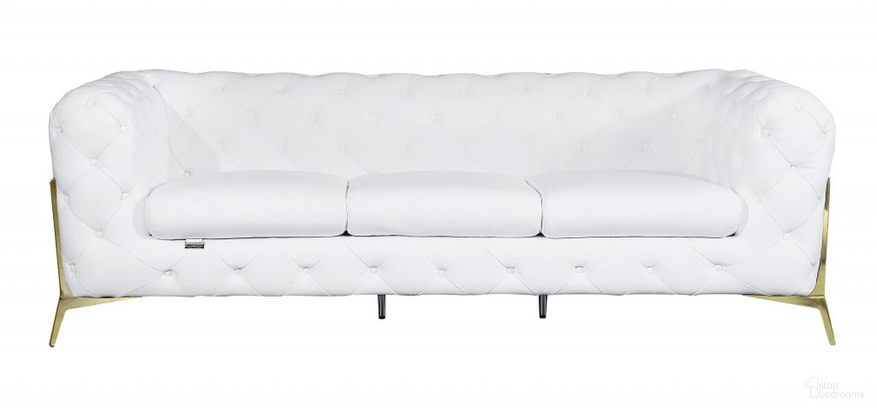 The appearance of 93 Inch Italian Leather Chesterfield Sofa with Silver Legs In White designed by Homeroots in the traditional interior design. This white piece of furniture  was selected by 1StopBedrooms from  to add a touch of cosiness and style into your home. Sku: 476530. Material: Genuine Leather.