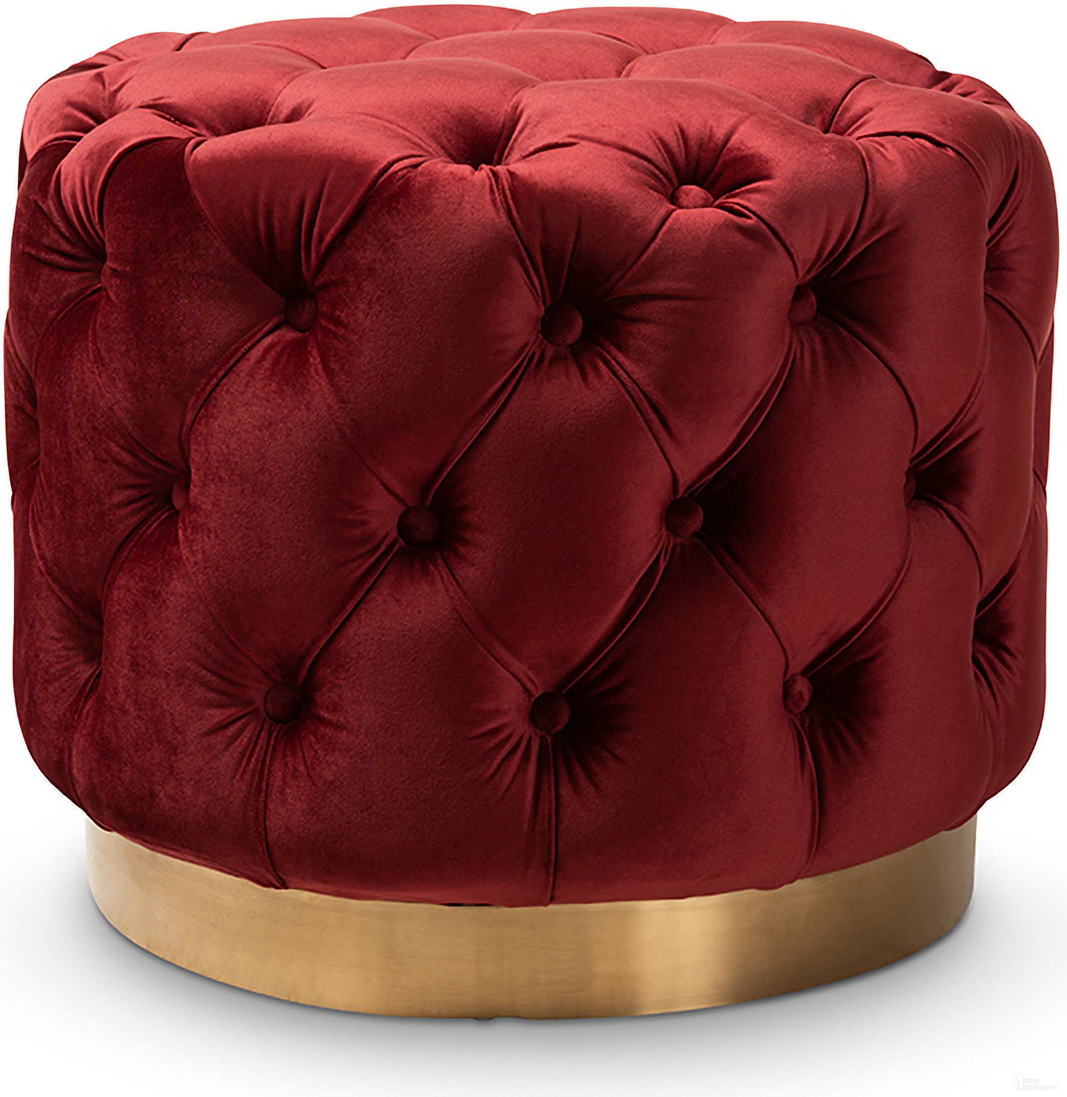 Baxton Studio Valeria Glam Burgundy Red Velvet Fabric Upholstered Gold-Finished Button Tufted Ottoman