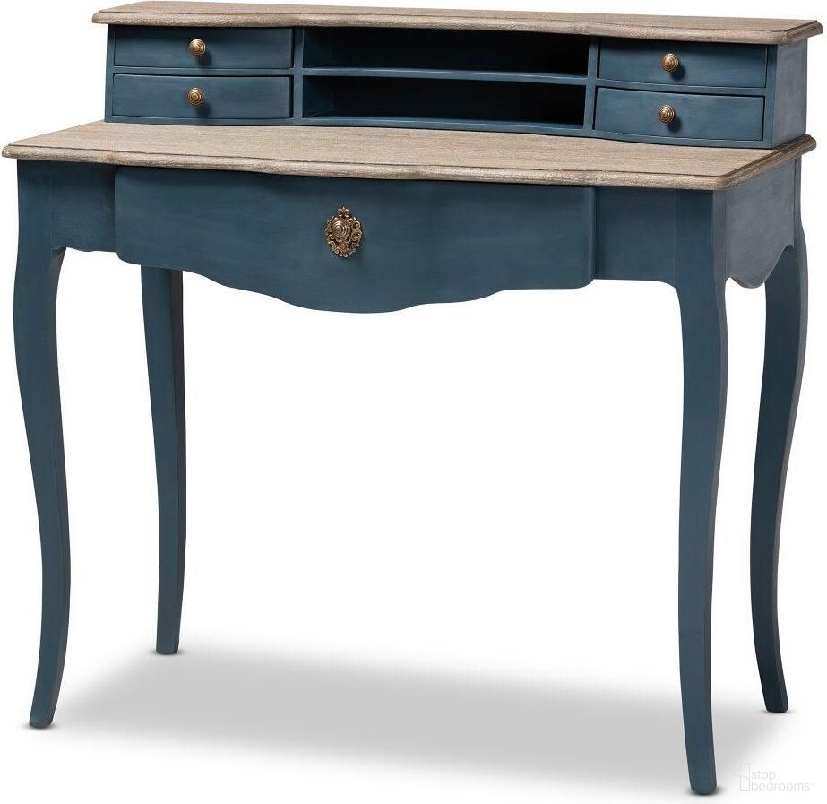 The appearance of Baxton Studio Celestine French Provincial Blue Spruce Finished Wood Accent Writing Desk designed by Baxton Studio in the transitional interior design. This blue piece of furniture was selected by 1StopBedrooms from Celestine Collection to add a touch of cosiness and style into your home. Sku: CES2-Blue Spruce-Desk. Material: Wood.