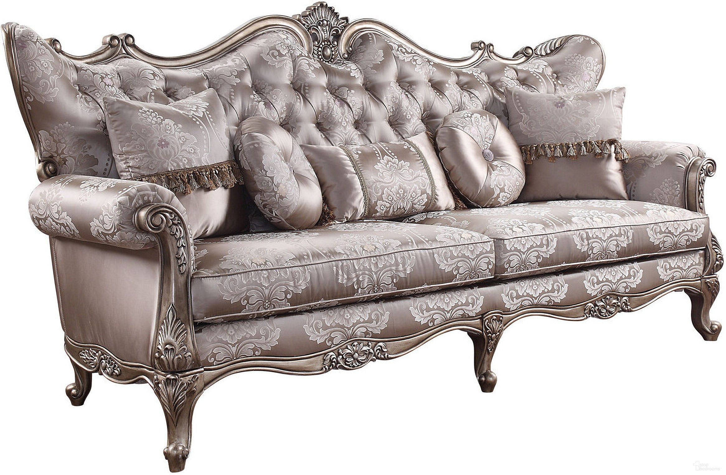 The appearance of 94 Inch Imitation Silk Damask Sofa and Toss Pillows with Champagne Legs In Dark Gray designed by Homeroots in the traditional interior design. This dark gray piece of furniture  was selected by 1StopBedrooms from  to add a touch of cosiness and style into your home. Sku: 491281. Material: Silk.