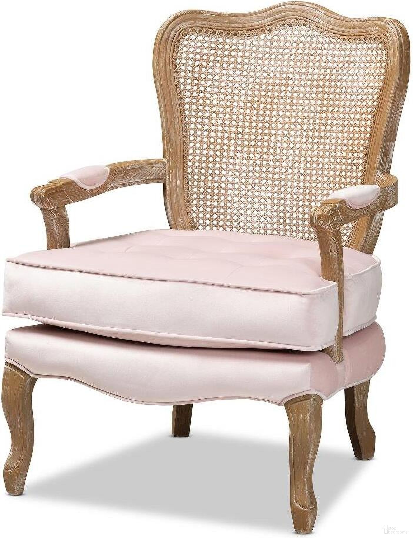 The appearance of Baxton Studio Vallea Traditional French Provincial Light Pink Velvet Fabric Upholstered White-Washed Oak Wood Armchair designed by Baxton Studio in the traditional interior design. This light pink piece of furniture  was selected by 1StopBedrooms from Vallea Collection to add a touch of cosiness and style into your home. Sku: TSF7764-Light Pink-CC. Material: Wood.