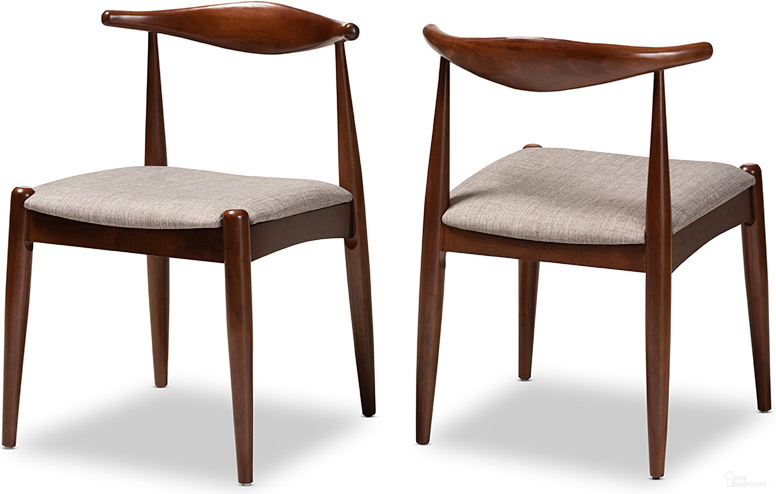The appearance of Baxton Studio Aeron Mid-Century Modern Light Gray Fabric Upholstered Walnut Finished Wood Dining Chair Set Of 2 designed by Baxton Studio in the transitional interior design. This light gray piece of furniture  was selected by 1StopBedrooms from Aeron Collection to add a touch of cosiness and style into your home. Sku: Aeron-Light Grey/Walnut-DC. Material: Rubberwood. Chair Type: Side Chair.