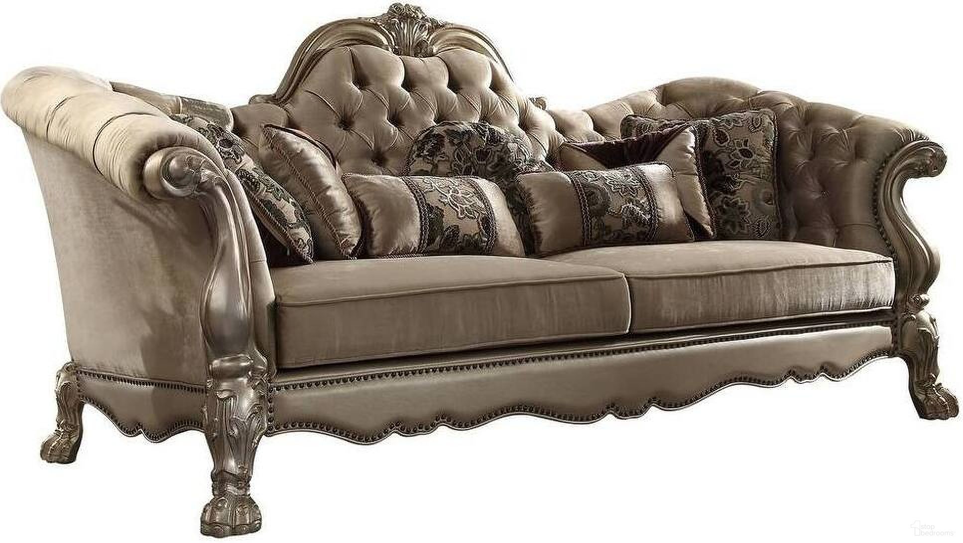 The appearance of 96 Inch Velvet Sofa and Toss Pillows with Gold Legs In Bone designed by Homeroots in the modern / contemporary interior design. This bone piece of furniture  was selected by 1StopBedrooms from  to add a touch of cosiness and style into your home. Sku: 491303. Material: Velvet.