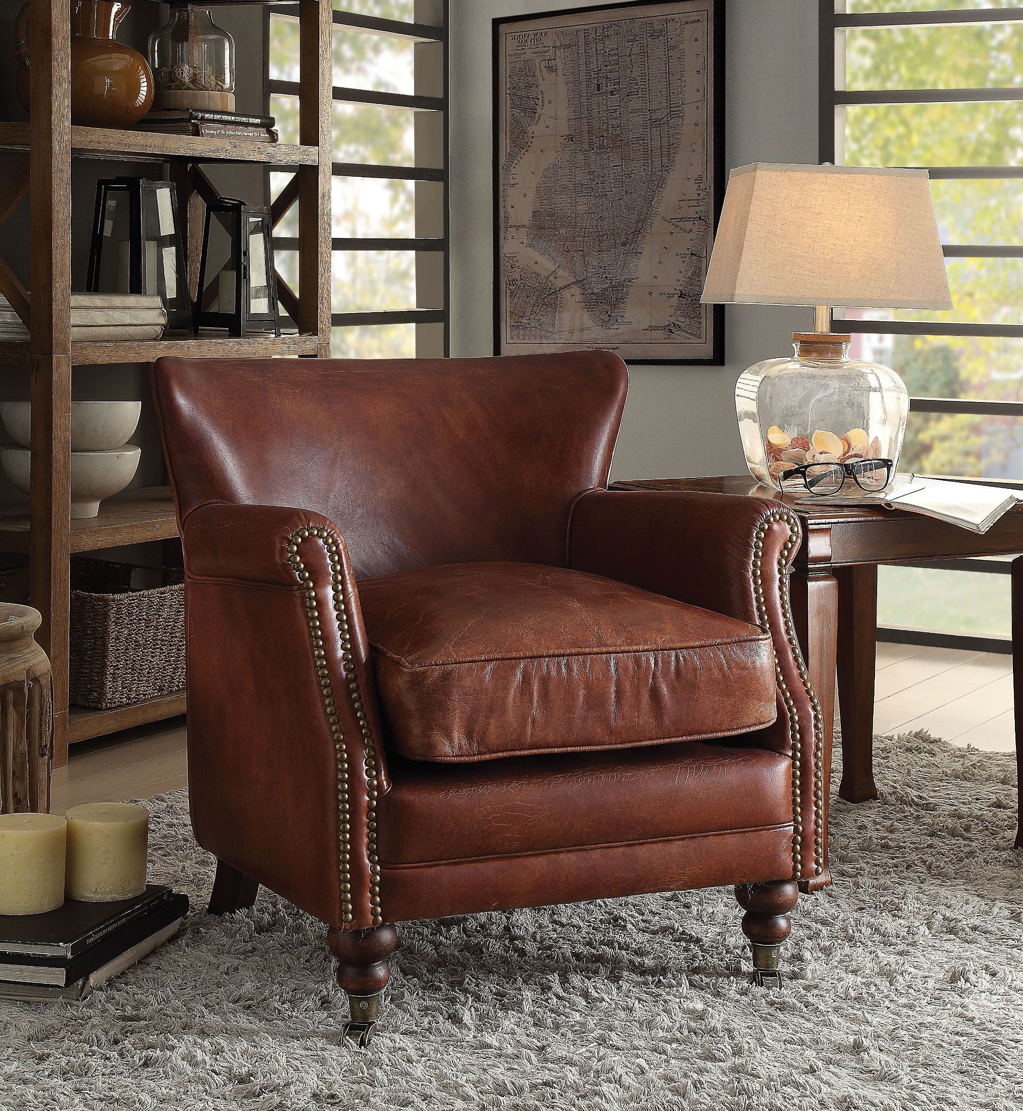 The appearance of Leeds Vintage Dark Brown Leather Accent Chair designed by ACME in the rustic / southwestern interior design. This brown piece of furniture was selected by 1StopBedrooms from Leeds Collection to add a touch of cosiness and style into your home. Sku: 96679. Material: Leather. Key Features: Nailhead Trim.