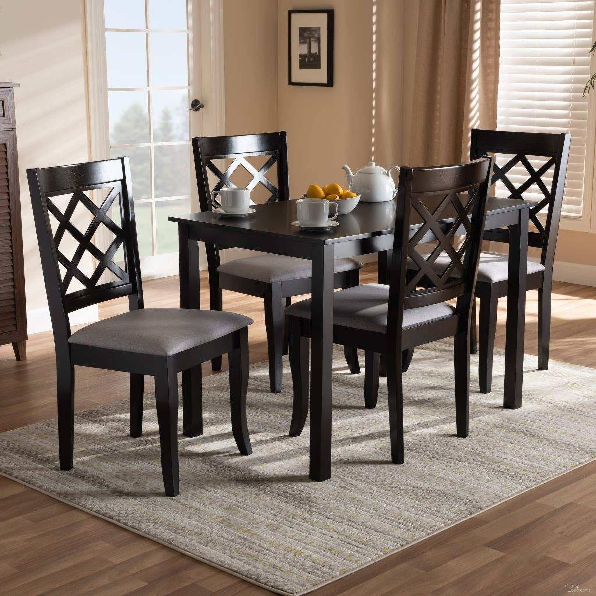 The appearance of Baxton Studio Verner Modern and Contemporary Grey Fabric Upholstered Espresso Brown Finished 5-Piece Wood Dining Set designed by Baxton Studio in the modern / contemporary interior design. This gray piece of furniture was selected by 1StopBedrooms from Verner Collection to add a touch of cosiness and style into your home. Sku: RH330C-Grey/Dark Brown-5PC Dining Set. Material: Rubberwood.