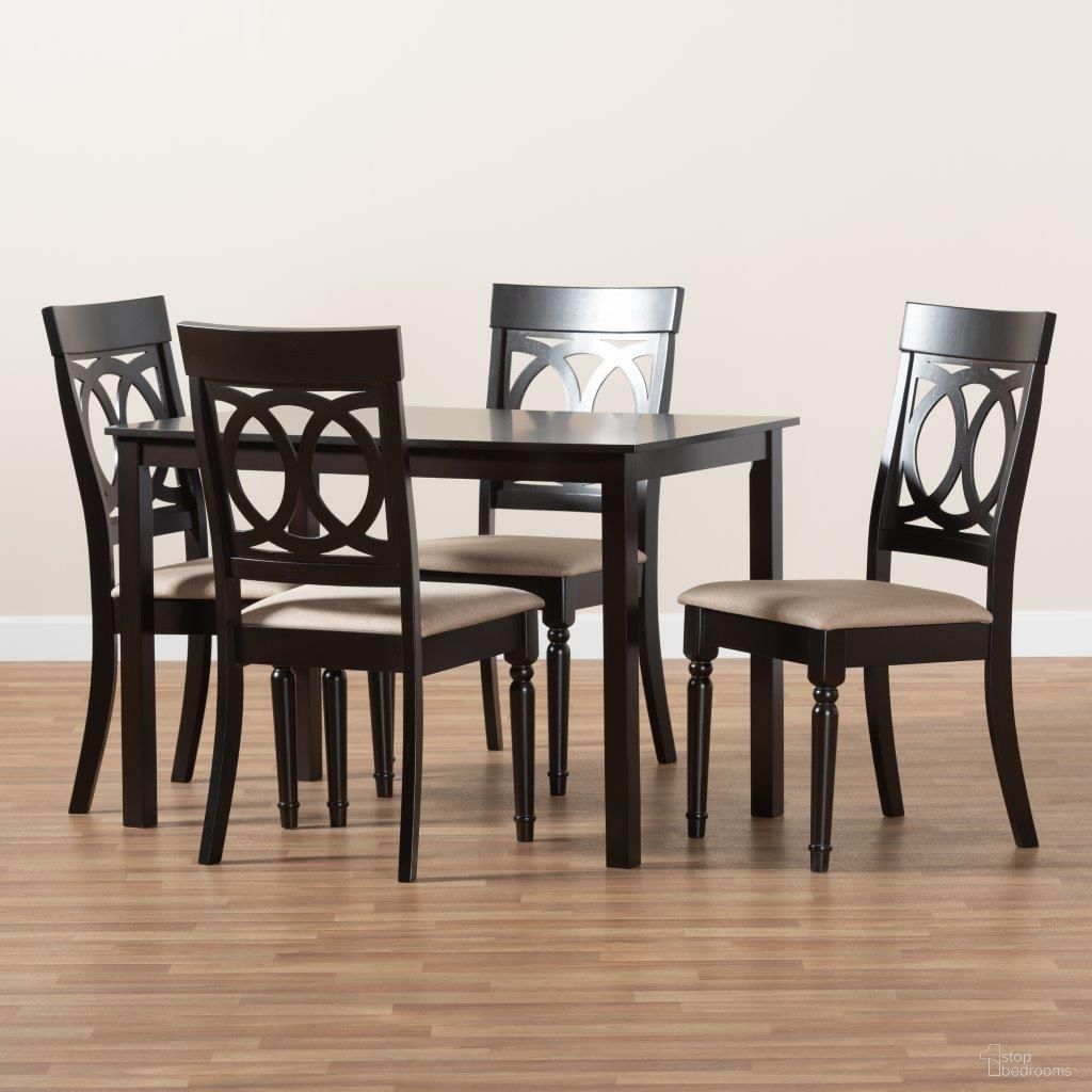 The appearance of Baxton Studio Lucie Modern and Contemporary Sand Fabric Upholstered Espresso Brown Finished 5-Piece Wood Dining Set designed by Baxton Studio in the modern / contemporary interior design. This sand piece of furniture was selected by 1StopBedrooms from Lucie Collection to add a touch of cosiness and style into your home. Sku: RH333C-Sand/Dark Brown-5PC Dining Set. Material: Rubberwood.