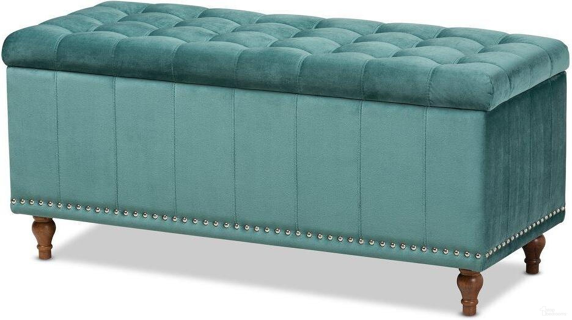 The appearance of Kaylee Modern and Contemporary Teal Blue Velvet Fabric Upholstered Button-Tufted Storage Ottoman Bench designed by Baxton Studio in the modern / contemporary interior design. This brown piece of furniture  was selected by 1StopBedrooms from Kaylee Collection to add a touch of cosiness and style into your home. Sku: BBT3137-Teal Velvet/Walnut-Otto. Material: Polyester.
