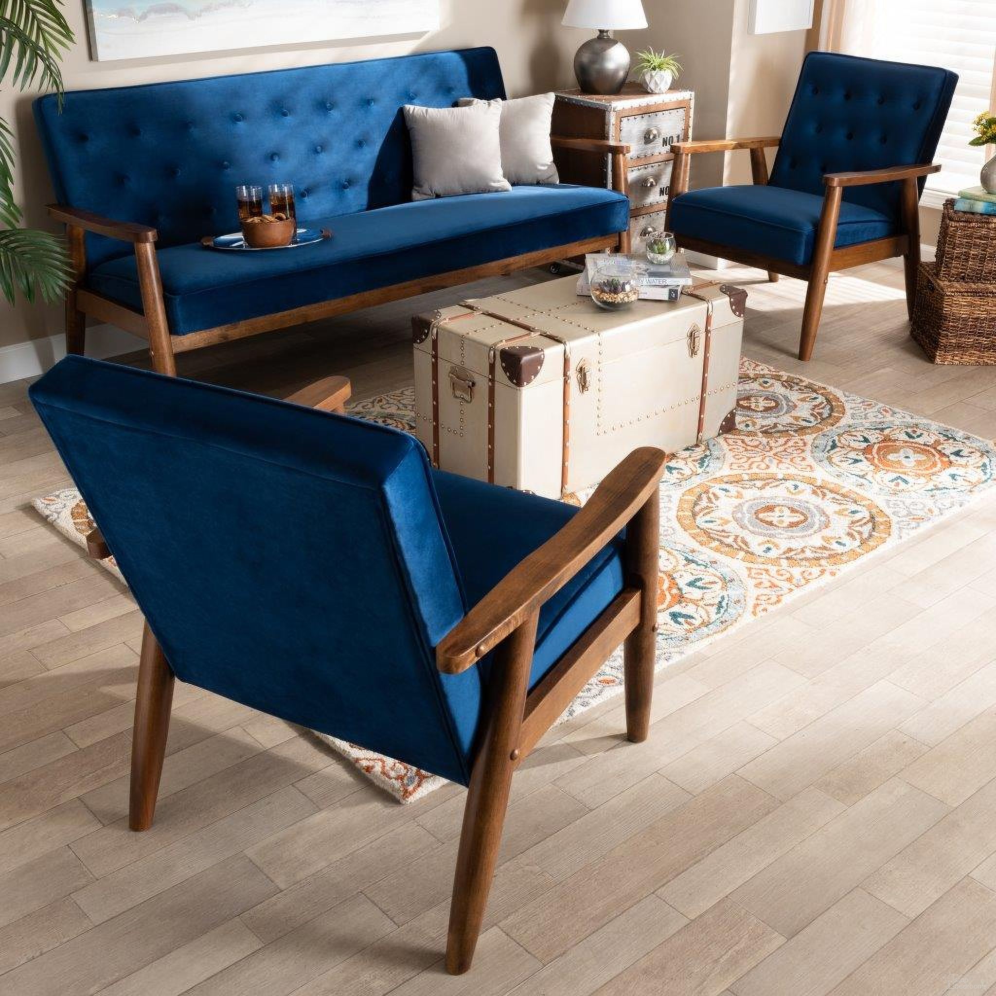 The appearance of Sorrento Mid-century Modern Navy Blue Velvet Fabric Upholstered Walnut Finished 3-Piece Wooden Living Room Set designed by Baxton Studio in the transitional interior design. This blue piece of furniture was selected by 1StopBedrooms from Sorrento Collection to add a touch of cosiness and style into your home. Sku: BBT8013-Navy Velvet/Walnut-3PC Set. Material: Velvet.
