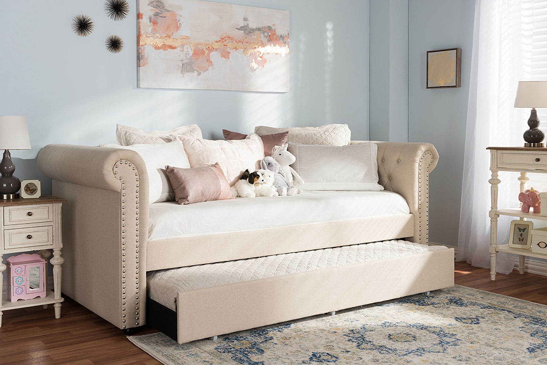 The appearance of Baxton Studio Mabelle Modern And Contemporary Beige Fabric Trundle Daybed designed by Baxton Studio in the modern / contemporary interior design. This light beige piece of furniture was selected by 1StopBedrooms from Mabelle Collection to add a touch of cosiness and style into your home. Sku: Ashley-Beige-Daybed. Bed Type: Daybed. Material: Fabric. Bed Size: Twin.