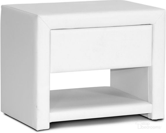 The appearance of Baxton Studio Massey White Upholstered Modern Nightstand designed by Baxton Studio in the modern / contemporary interior design. This white piece of furniture  was selected by 1StopBedrooms from Massey Collection to add a touch of cosiness and style into your home. Sku: BBT3092-White-NS. Material: Wood.