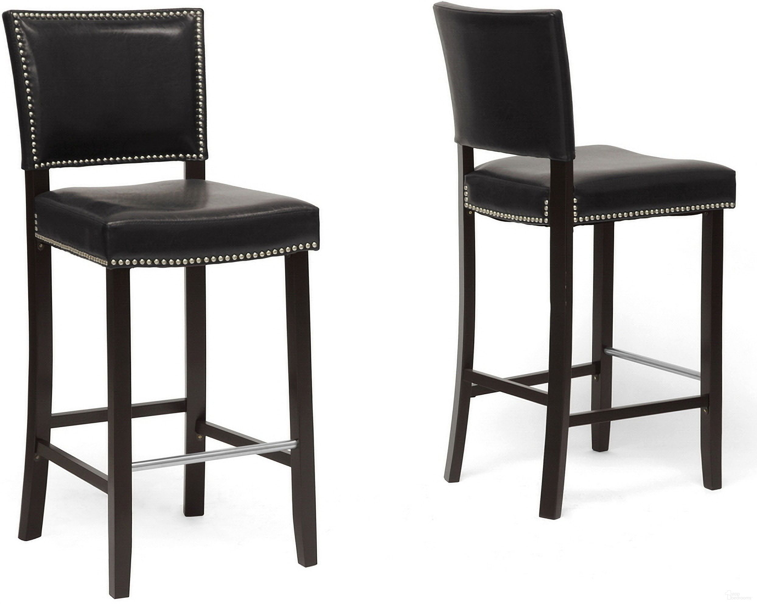 The appearance of Baxton Studio Aries Black Modern Bar Stool With Nail Head Trim (Set Of 2) designed by Baxton Studio in the transitional interior design. This black piece of furniture  was selected by 1StopBedrooms from Aries Collection to add a touch of cosiness and style into your home. Sku: BBT5112 Bar Stool-Black. Material: Wood.