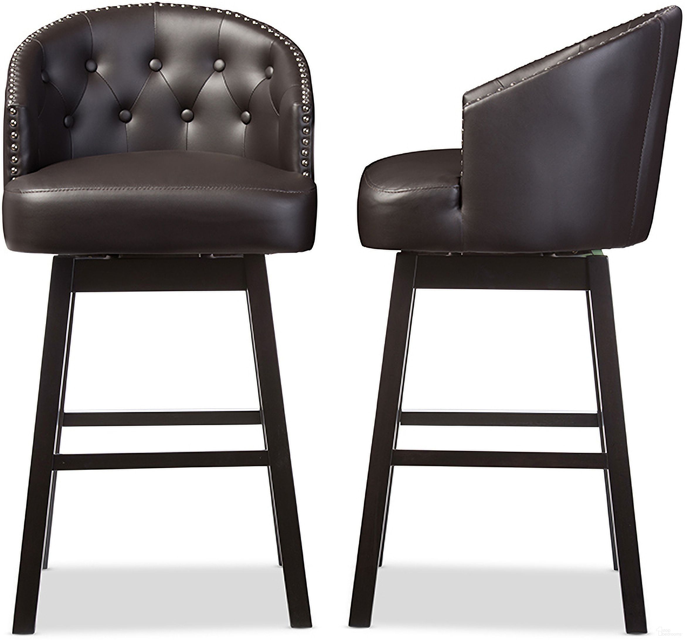 The appearance of Baxton Studio Avril Modern And Contemporary Brown Faux Leather Tufted Swivel Barstool With Nail Heads Trim (Set Of 2) designed by Baxton Studio in the modern / contemporary interior design. This brown piece of furniture was selected by 1StopBedrooms from Avril Collection to add a touch of cosiness and style into your home. Sku: BBT5210A1-BS-Brown. Material: Rubberwood.