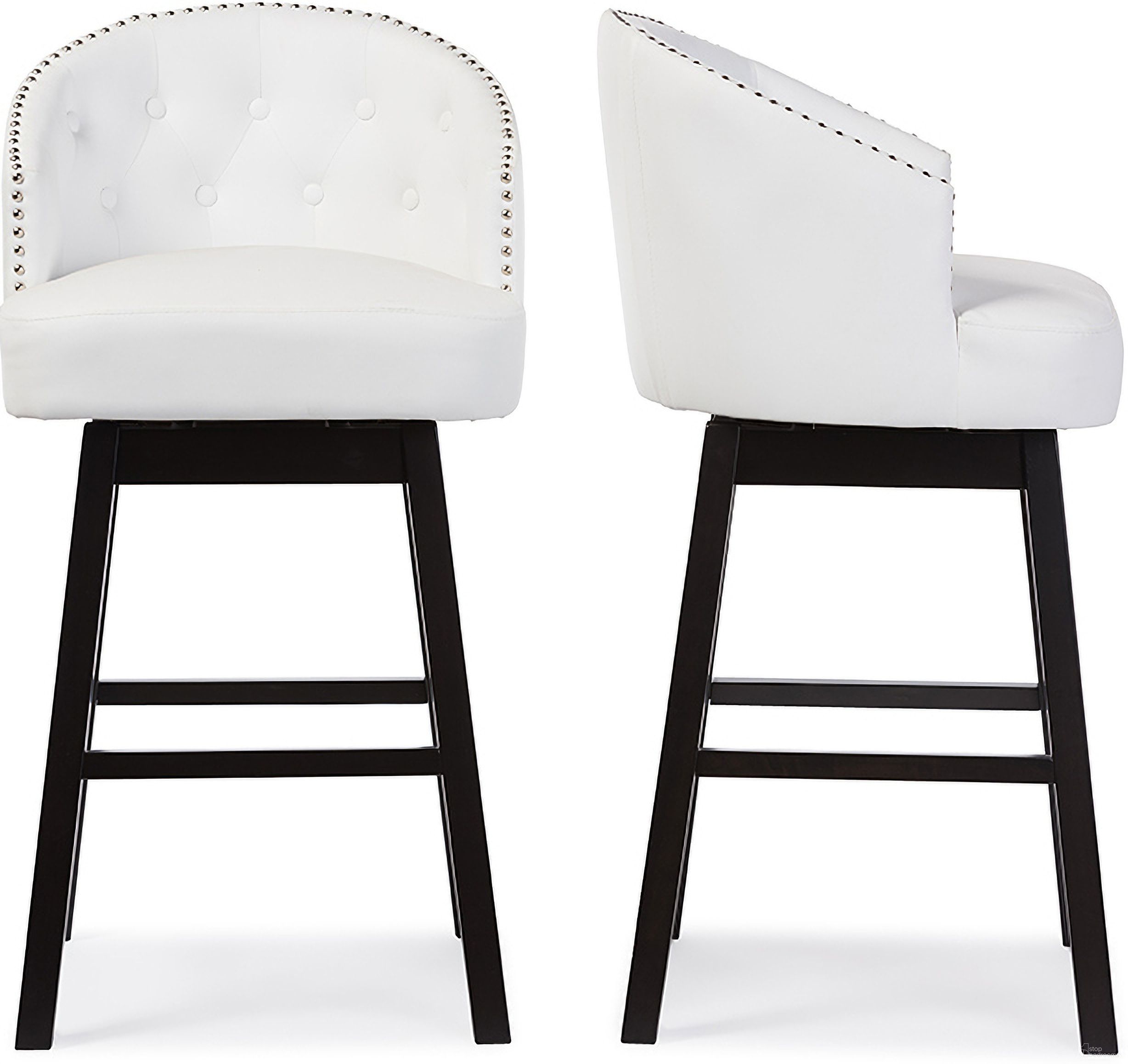 The appearance of Baxton Studio Avril Modern And Contemporary White Faux Leather Tufted Swivel Barstool With Nail Heads Trim (Set Of 2) designed by Baxton Studio in the modern / contemporary interior design. This white piece of furniture was selected by 1StopBedrooms from Avril Collection to add a touch of cosiness and style into your home. Sku: BBT5210A1-BS-White. Material: Rubberwood.