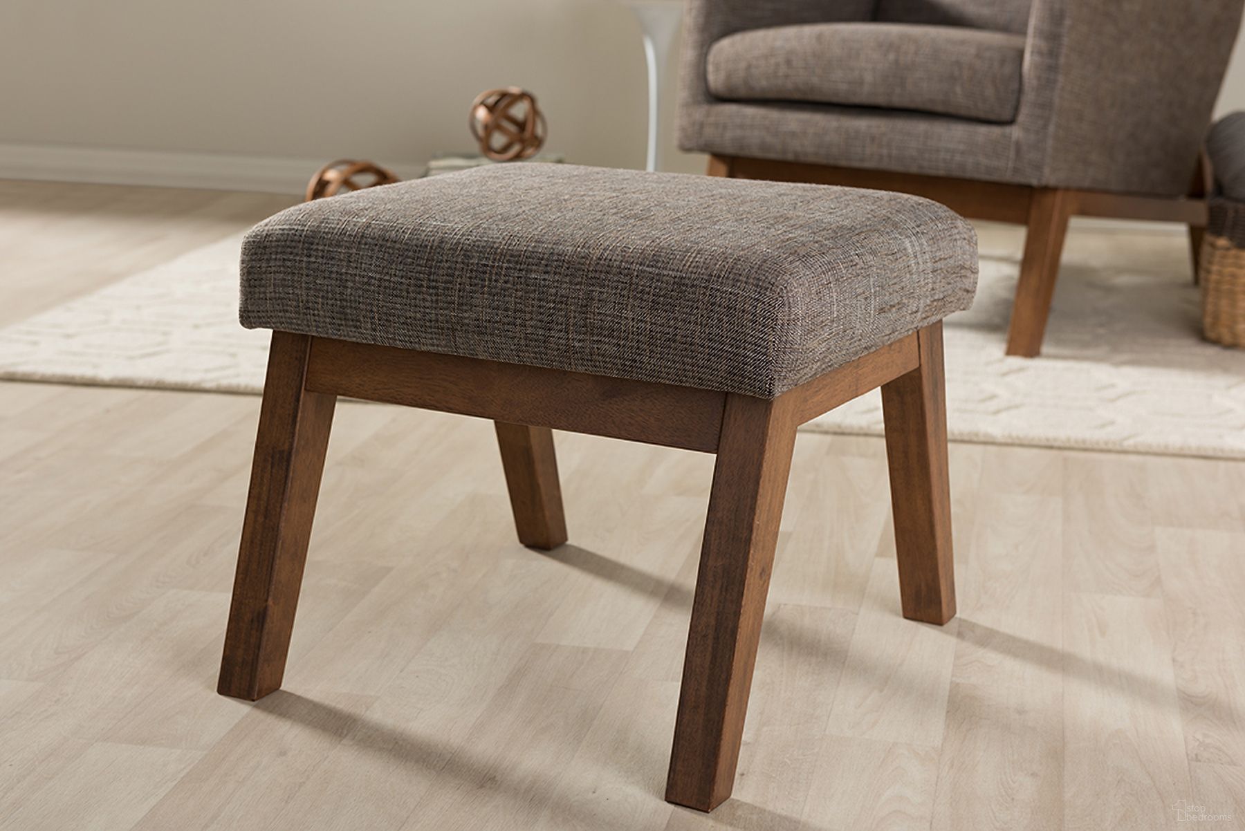 Baxton Studio Aberdeen Mid-Century Modern Walnut Wood Finishing And Gravel Fabric Upholstered Ottoman