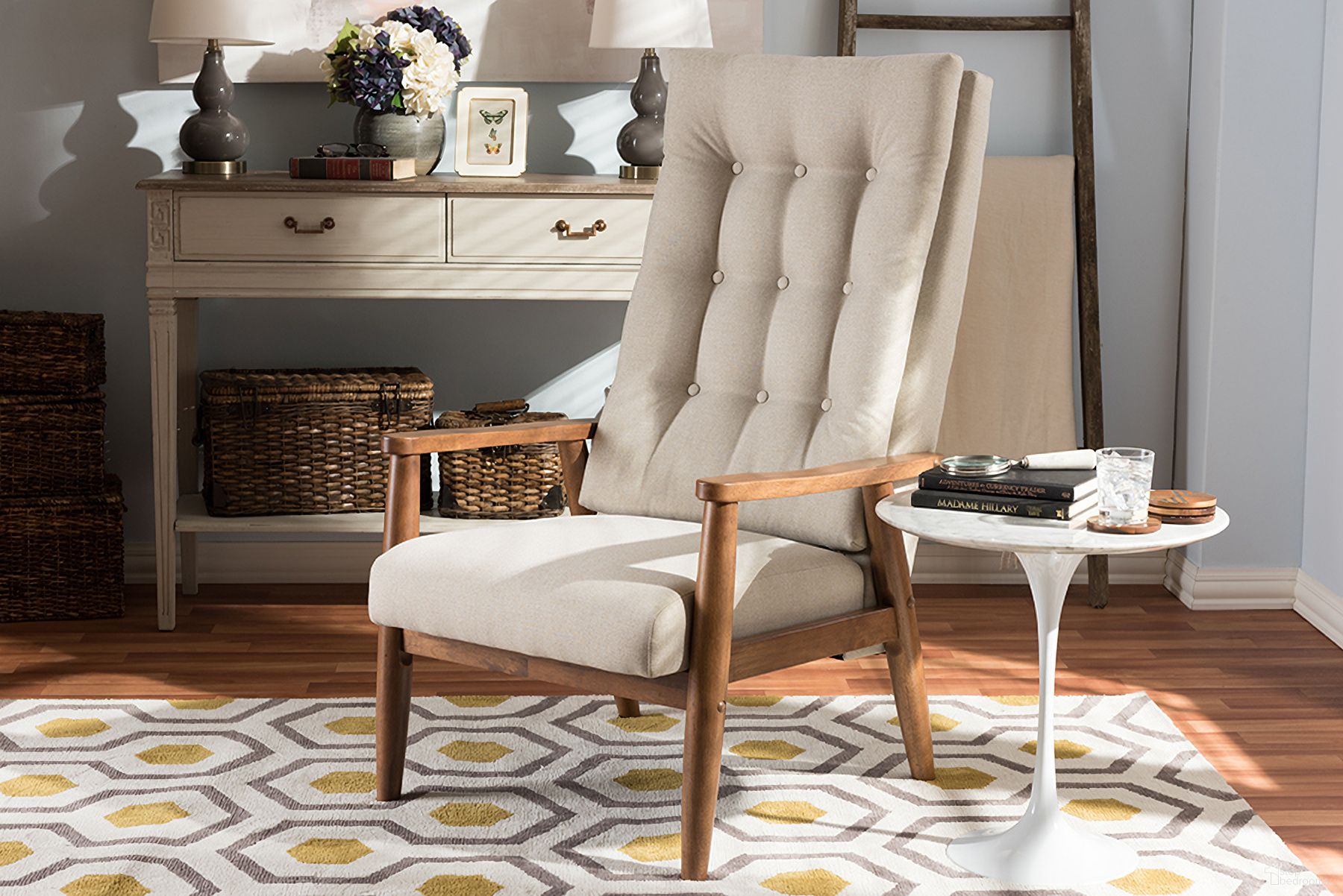 Baxton Studio Roxy Mid-Century Modern Walnut Brown Finish Wood And Light Beige Fabric Upholstered Button-Tufted High-Back Chair