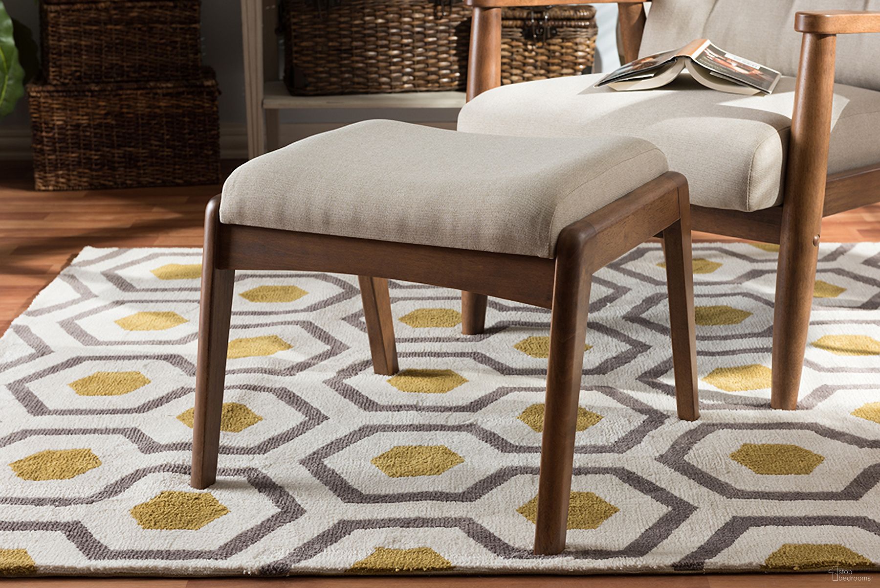 Baxton Studio Roxy Mid-Century Modern Walnut Wood Finishing And Light Beige Fabric Upholstered Ottoman