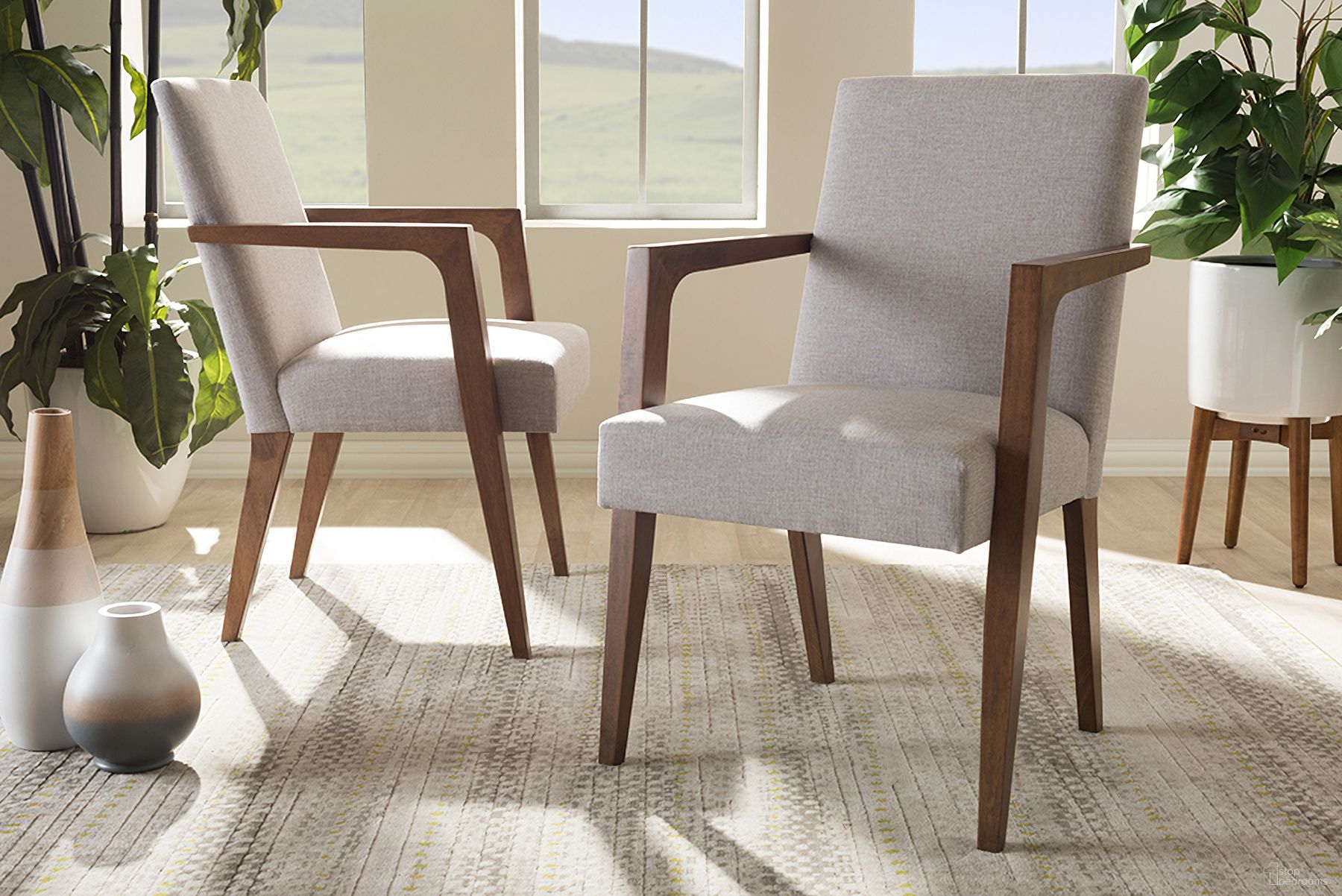 Baxton Studio Andrea Mid-Century Modern Greyish Beige Upholstered Wooden Armchair (Set Of 2)