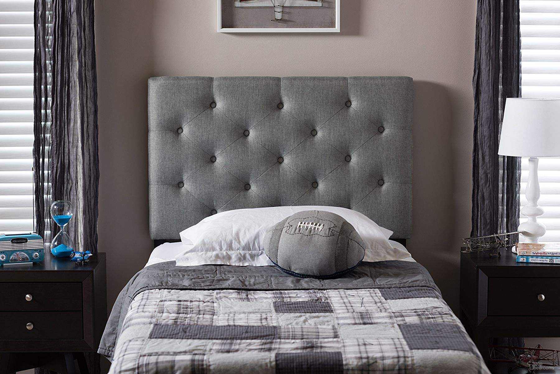 The appearance of Baxton Studio Viviana Modern And Contemporary Grey Fabric Upholstered Button-Tufted Twin Size Headboard designed by Baxton Studio in the modern / contemporary interior design. This grey piece of furniture  was selected by 1StopBedrooms from Viviana Collection to add a touch of cosiness and style into your home. Sku: BBT6506-Grey-Twin HB. Material: Polyester. Bed Size: Twin.