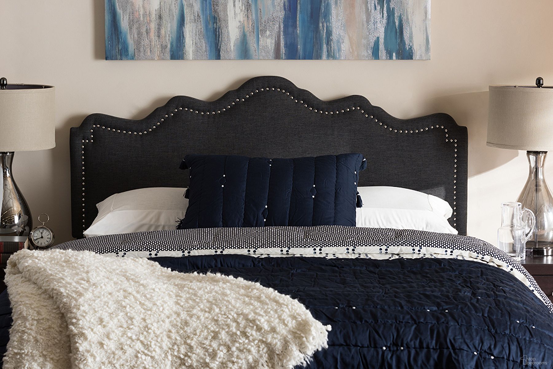 The appearance of Baxton Studio Nadeen Modern And Contemporary Dark Grey Fabric King Size Headboard designed by Baxton Studio in the modern / contemporary interior design. This dark grey piece of furniture  was selected by 1StopBedrooms from Nadeen Collection to add a touch of cosiness and style into your home. Sku: BBT6622-Dark Grey-King HB-H1217-20. Material: Fabric. Bed Size: King.
