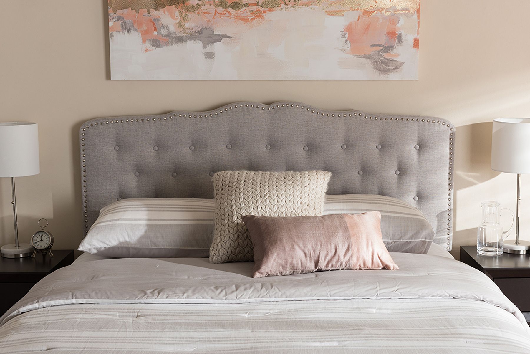 The appearance of Baxton Studio Lucy Modern And Contemporary Greyish Beige Fabric Queen Size Headboard designed by Baxton Studio in the modern / contemporary interior design. This beige piece of furniture  was selected by 1StopBedrooms from Lucy Collection to add a touch of cosiness and style into your home. Sku: BBT6625-Greyish Beige-Queen HB-H1217-14. Material: Fabric. Bed Size: Queen.