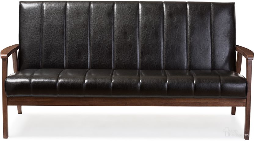 The appearance of Baxton Studio Nikko Mid-Century Modern Scandinavian Style Black Faux Leather Wooden 3-Seater Sofa designed by Baxton Studio in the modern / contemporary interior design. This black piece of furniture was selected by 1StopBedrooms from Nikko Collection to add a touch of cosiness and style into your home. Sku: BBT8011A2-Black Sofa. Material: Faux Leather.