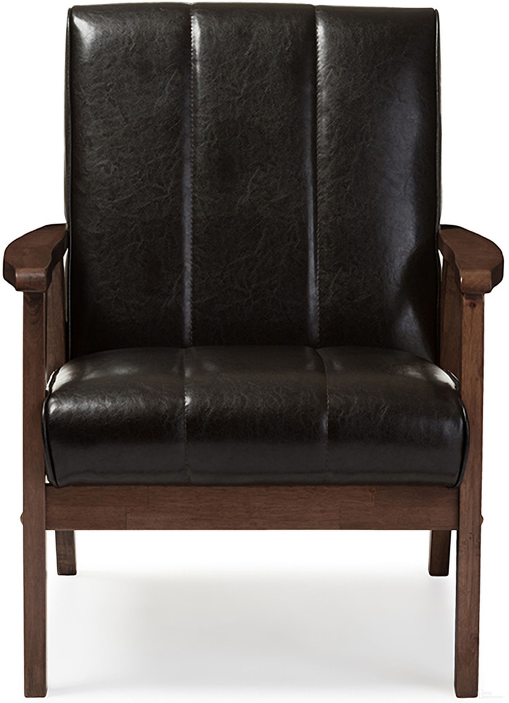 The appearance of Baxton Studio Nikko Mid-Century Modern Scandinavian Style Dark Brown Faux Leather Wooden Lounge Chair designed by Baxton Studio in the modern / contemporary interior design. This dark brown piece of furniture  was selected by 1StopBedrooms from Nikko Collection to add a touch of cosiness and style into your home. Sku: BBT8011A2-Brown Chair. Material: Rubberwood.
