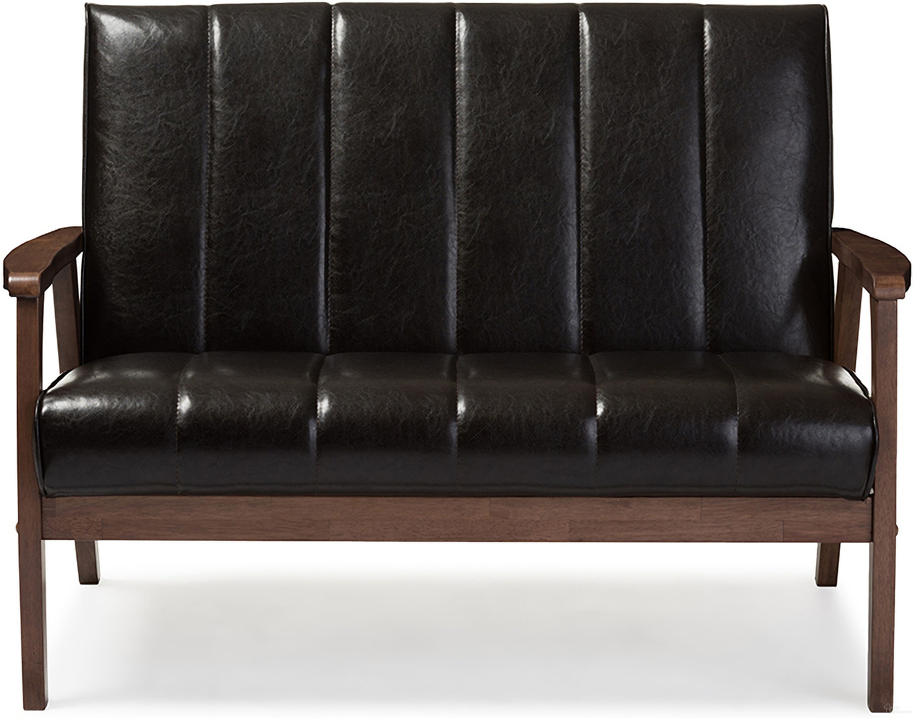 The appearance of Baxton Studio Nikko Mid-Century Modern Scandinavian Style Dark Brown Faux Leather Wooden 2-Seater Loveseat designed by Baxton Studio in the modern / contemporary interior design. This dark brown piece of furniture  was selected by 1StopBedrooms from Nikko Collection to add a touch of cosiness and style into your home. Sku: BBT8011A2-Brown Loveseat. Material: Rubberwood.